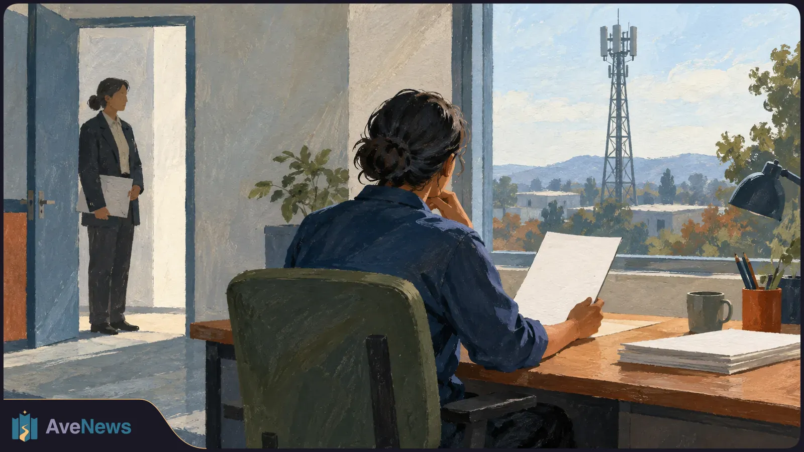 Illustration of a person reading a sheet of paper at an office desk, another person standing in the doorway, and a cell tower visible through the window. SI illustration