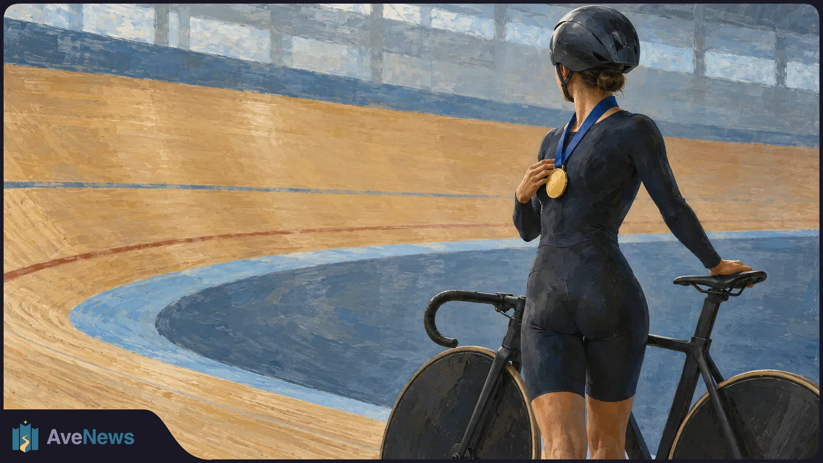 Painted illustration of a helmeted cyclist seen from behind, wearing a gold medal and standing beside a track bike on an indoor velodrome. SI illustration