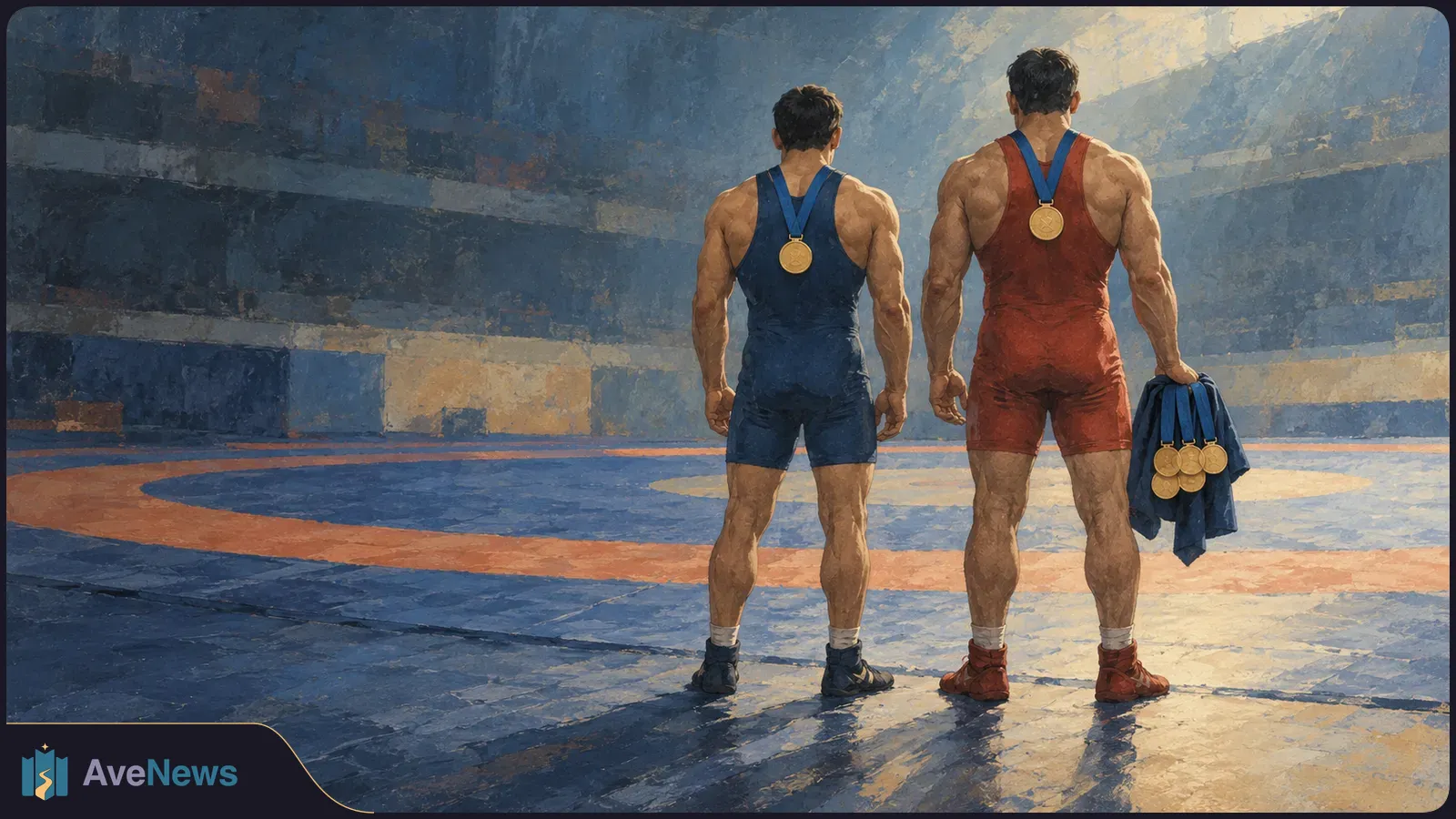 Illustration of two wrestlers seen from behind on a wrestling mat, each wearing a gold medal. One holds a jacket with several medals hanging from it. SI illustration