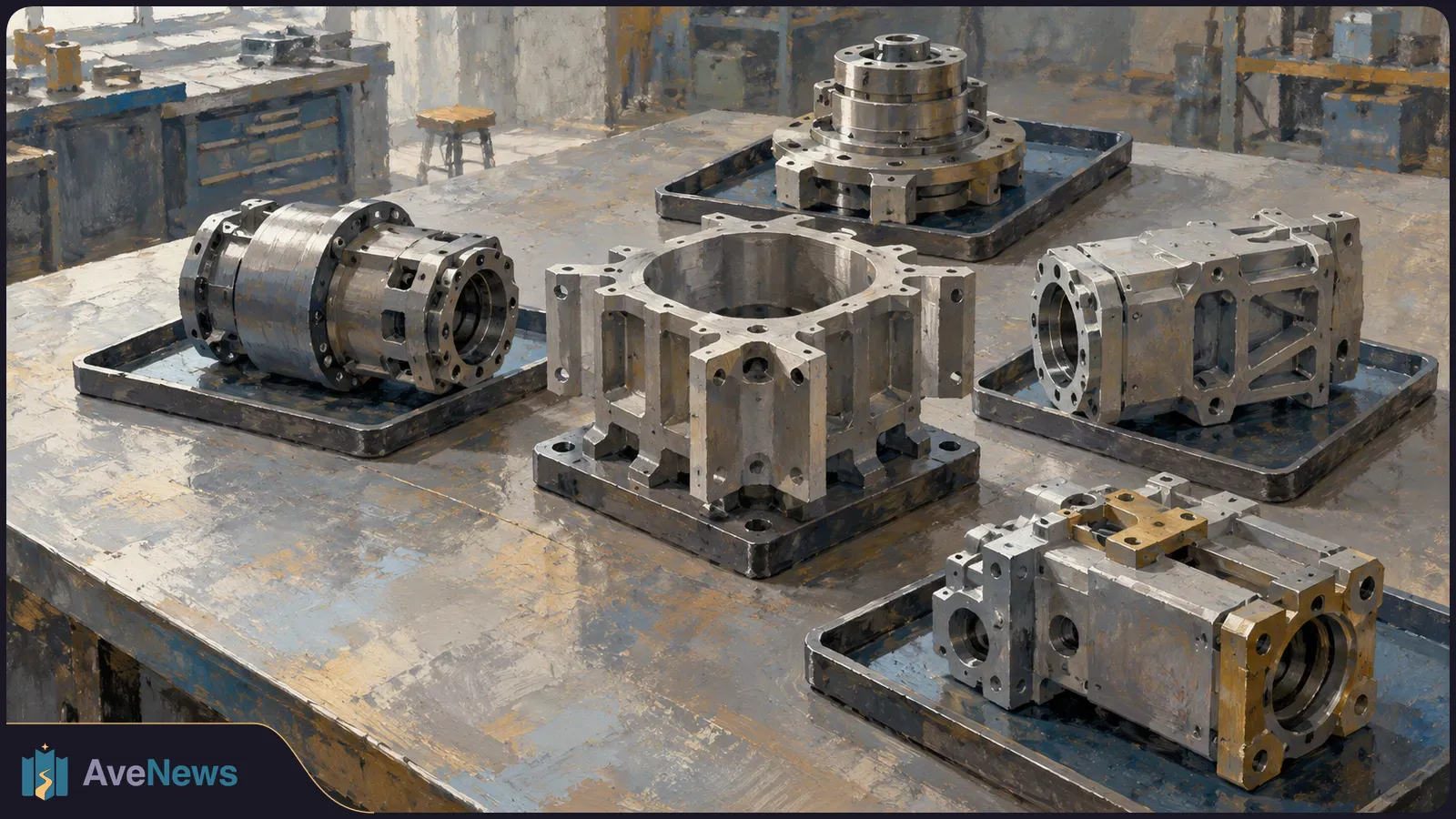 Painterly illustration of metal machine components arranged on trays across a large workshop table. SI illustration