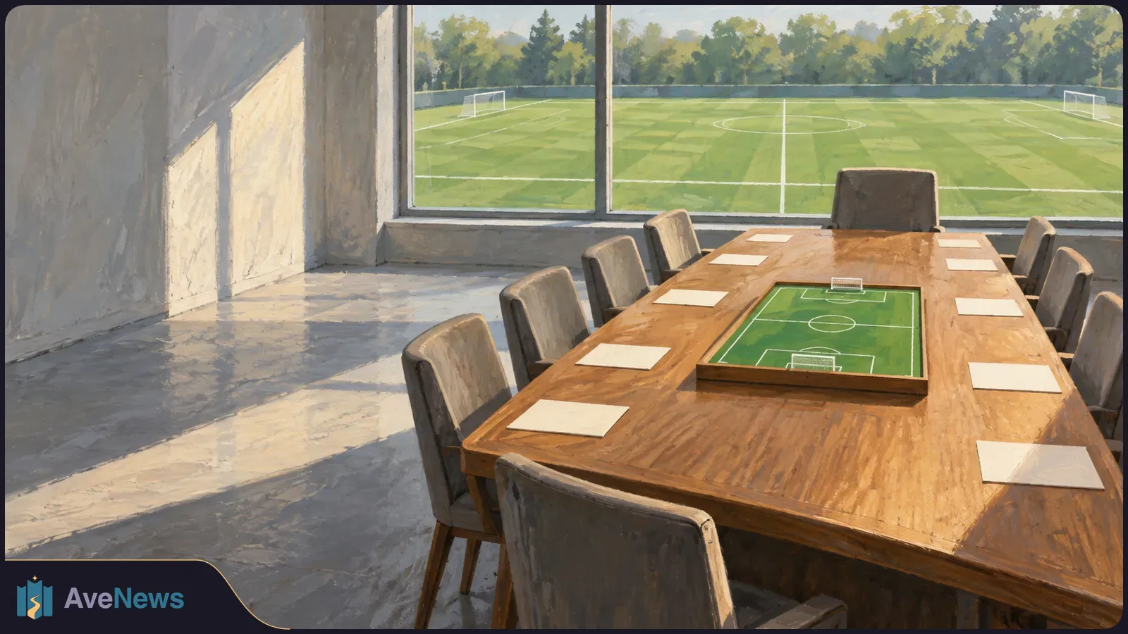 An empty conference table holds a miniature football pitch, with a full-sized pitch visible through the windows behind it. SI illustration