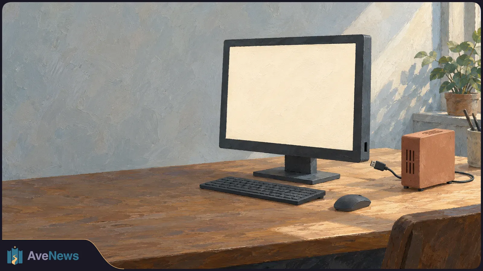 Painterly illustration of a blank monitor, keyboard and mouse on a sunlit wooden desk, with a small orange box and loose USB plug beside them. SI illustration