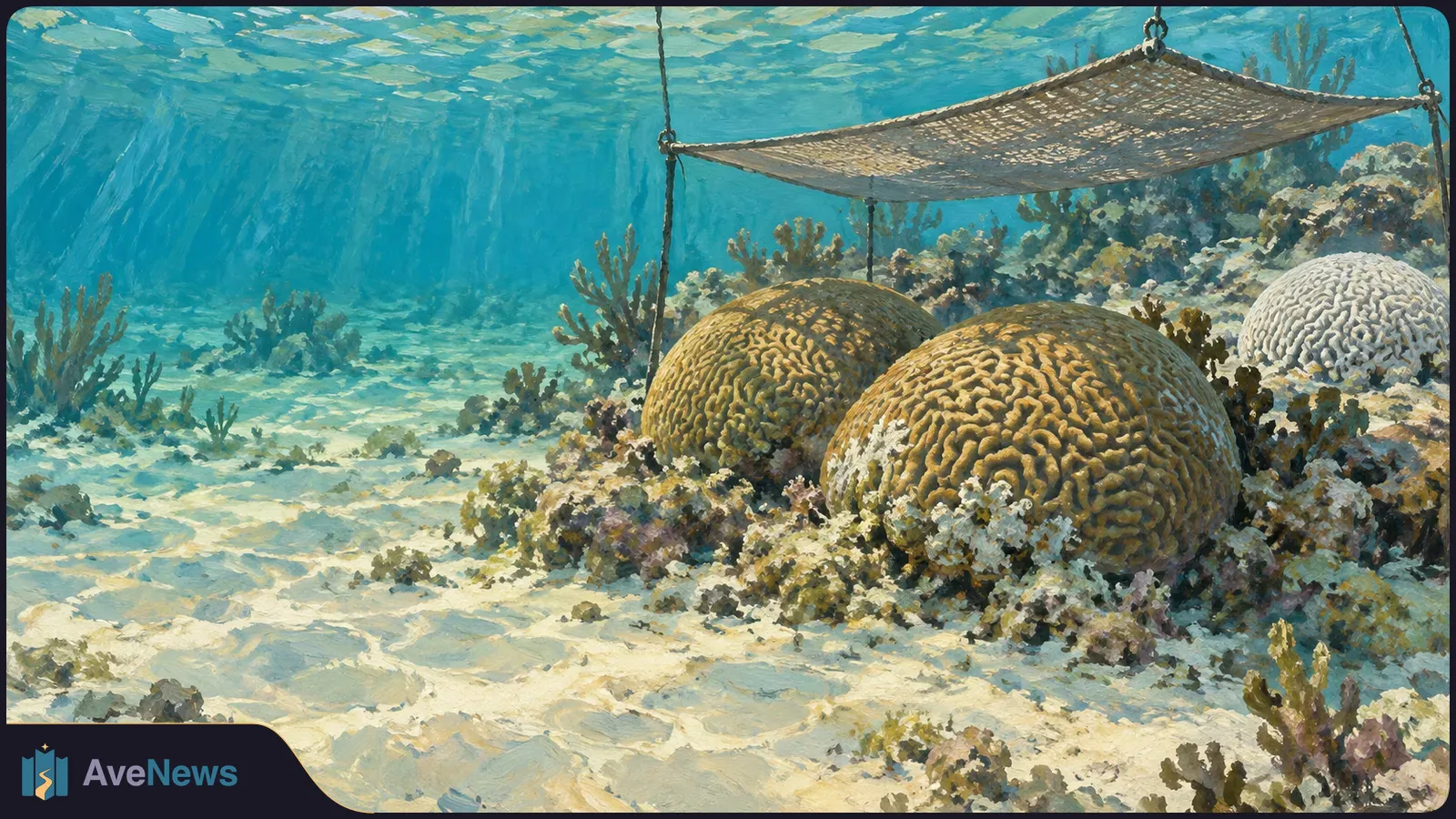 Painted underwater scene with two brain corals beneath a suspended shade cloth and another coral on the reef to the right. SI illustration