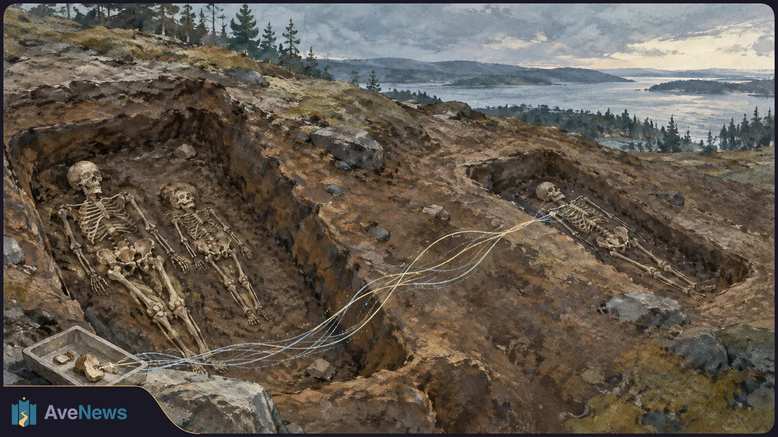 Painted excavation scene with three skeletons in two earth graves, linked by thin pale lines; a bone tray sits nearby, with a lake and trees beyond. SI illustration