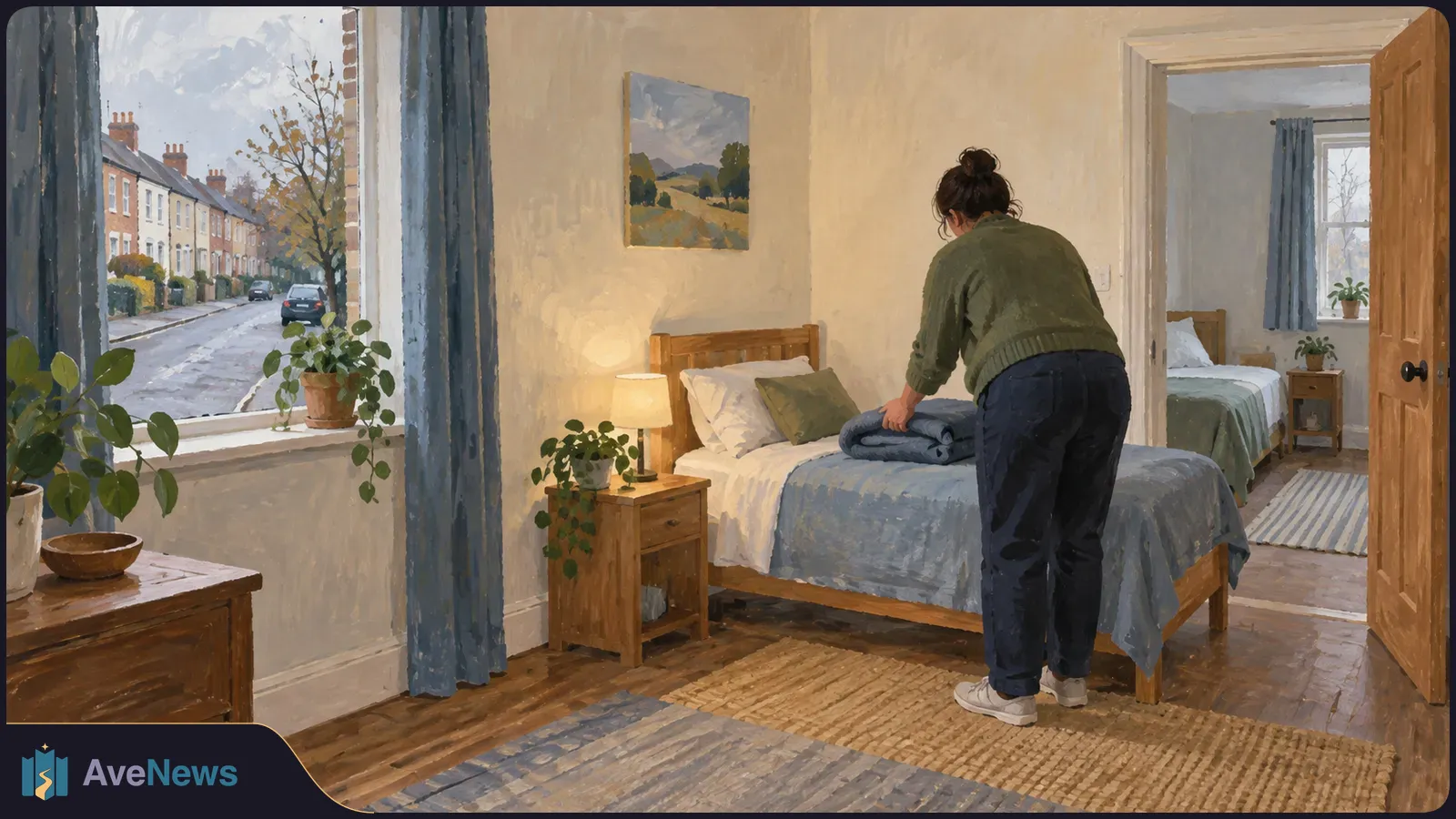 Illustration of a person folding a blanket on a bed in a tidy room. A second bedroom is visible through an open door, and a street can be seen through the window. SI illustration