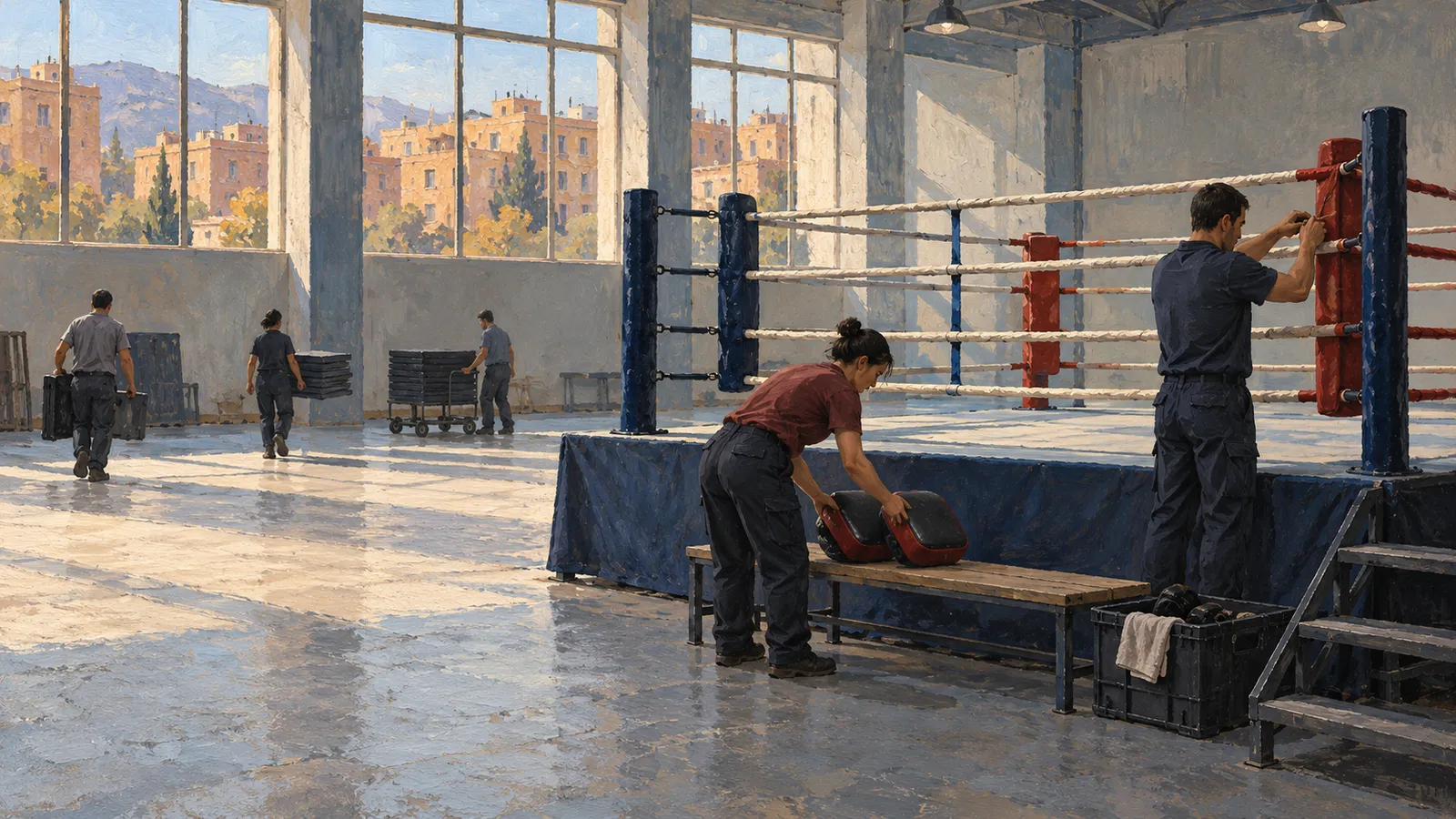 A painted scene of people arranging equipment around a boxing ring in a sunlit gym, with buildings visible through large windows. SI illustration