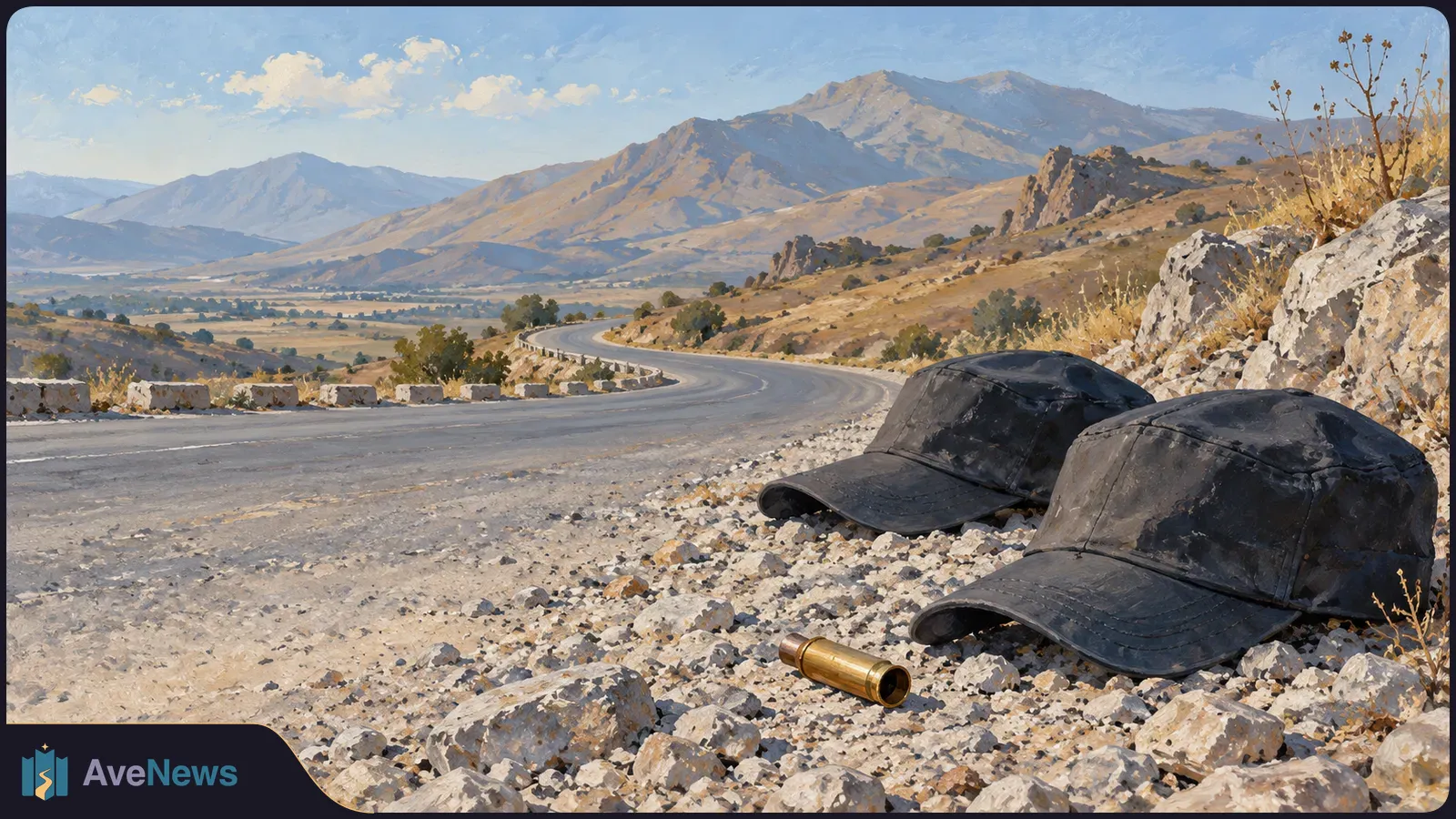 Two black caps and a brass cartridge casing lie on gravel beside a winding road, with dry hills and mountains in the background. SI illustration