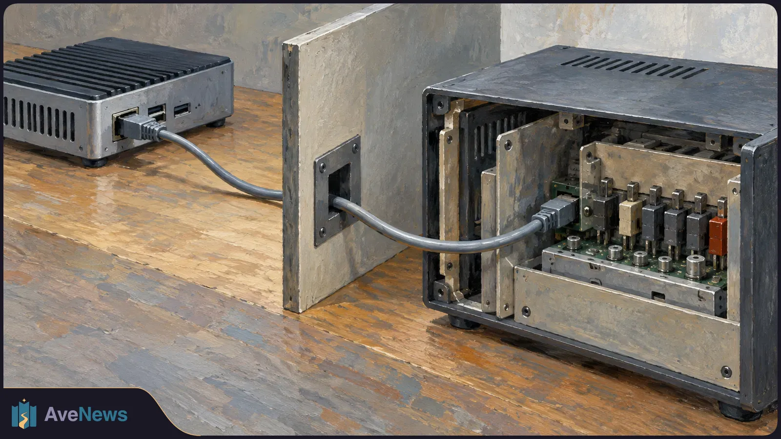 Illustration of two metal electronic boxes on a wooden table, connected by a gray cable through a wall panel. The open box on the right reveals a circuit board and connectors. SI illustration