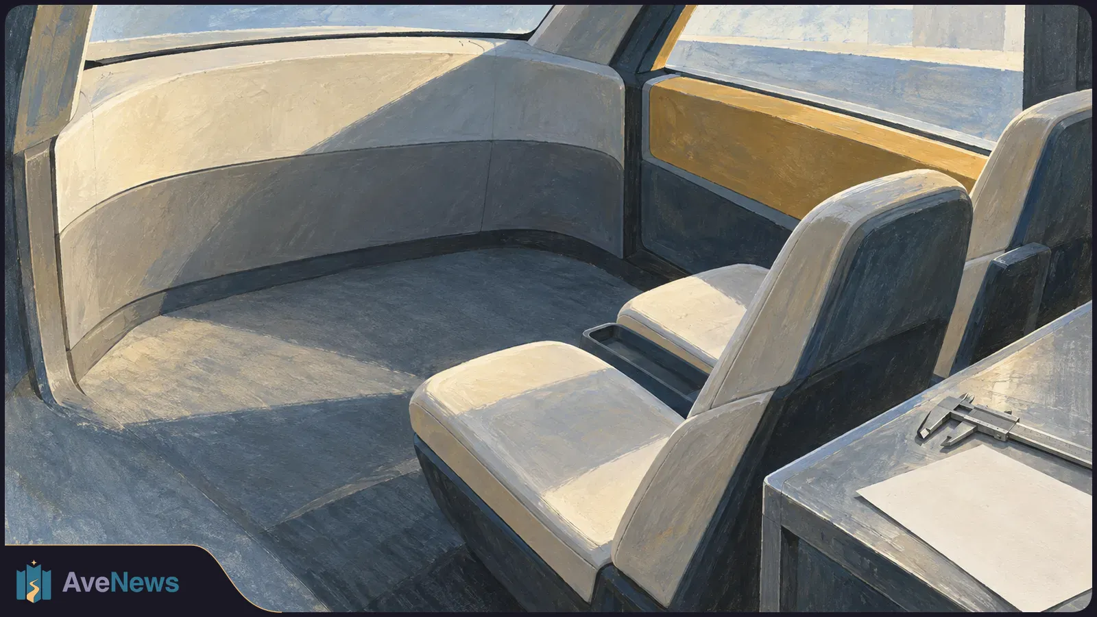 Painted view of a vehicle cabin with two pale seats, an open floor area and broad windows. A caliper and blank sheet of paper rest on a surface at right. SI illustration