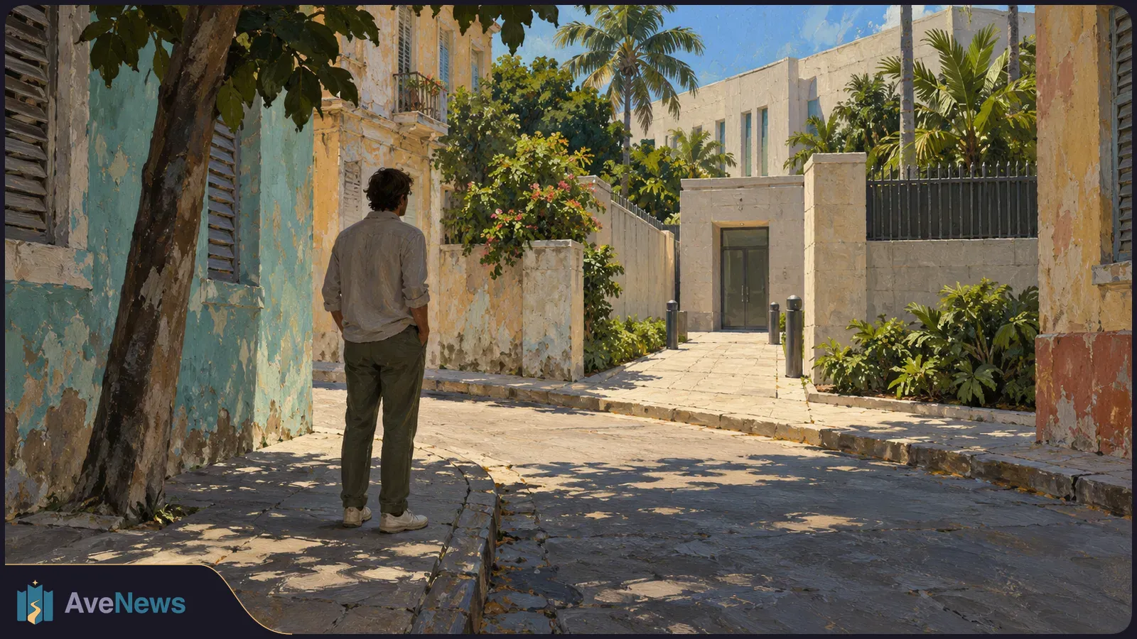 A person seen from behind stands on a sunlit cobblestone street facing a doorway, with weathered buildings, trees and tropical plants around them. SI illustration