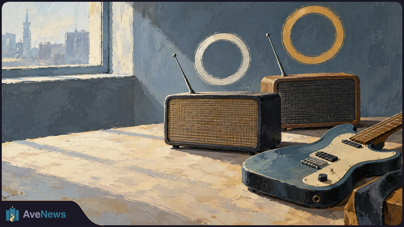 Two antenna radios and a blue electric bass guitar rest on a sunlit table. Circular motifs mark the wall, and a city skyline is visible through the window. SI illustration