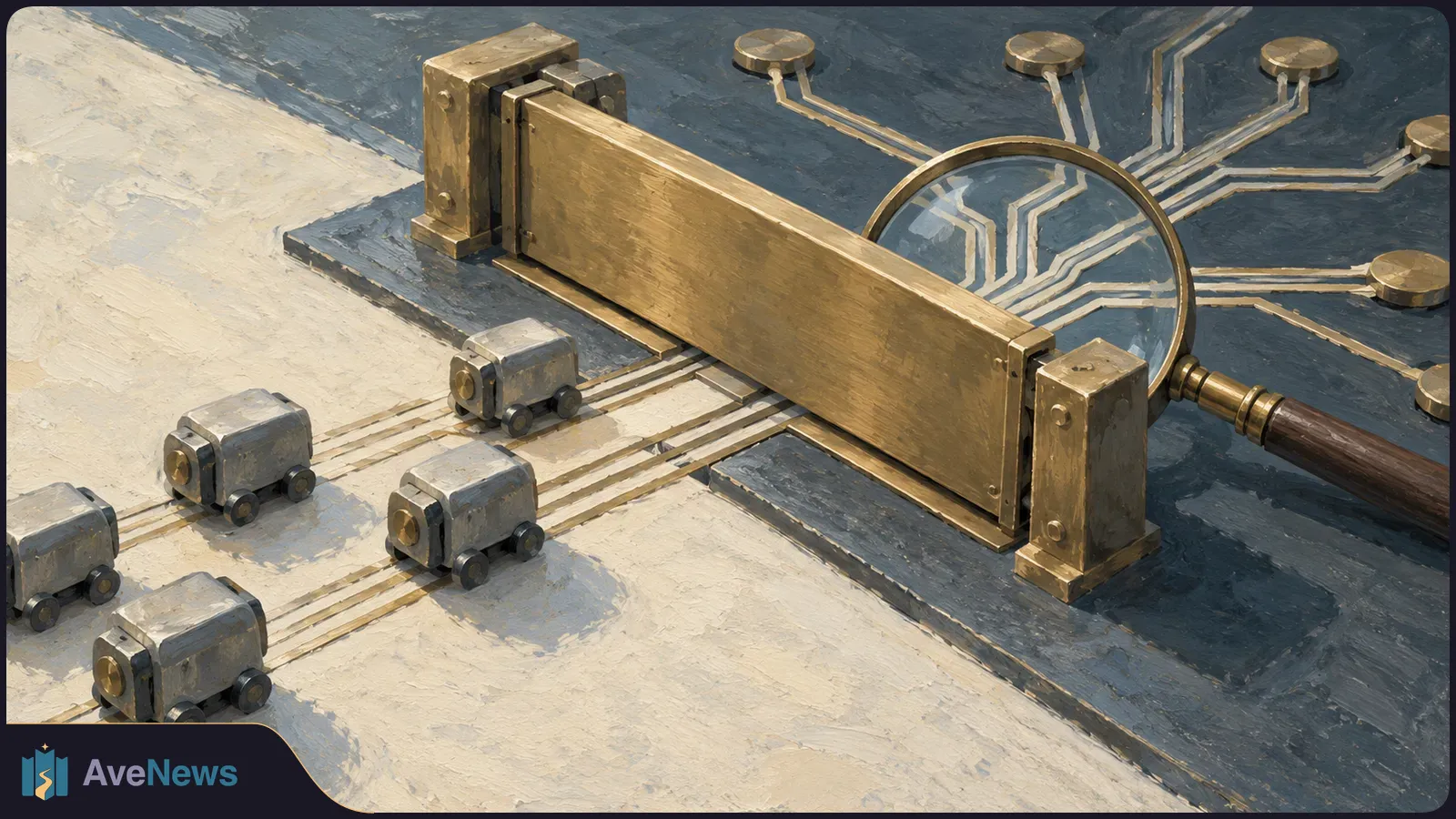 Illustration of small wheeled metal blocks approaching a closed brass gate, with a magnifying glass over circuit-like lines behind it. SI illustration