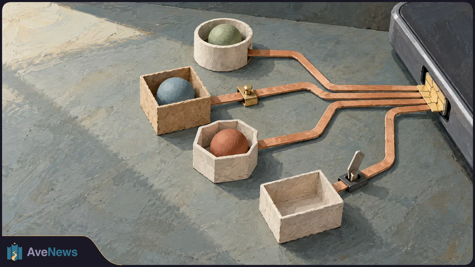 Illustration of three colored spheres in small containers, each connected by a copper-colored path to a gold card inserted into a phone. A fourth container is empty. SI illustration