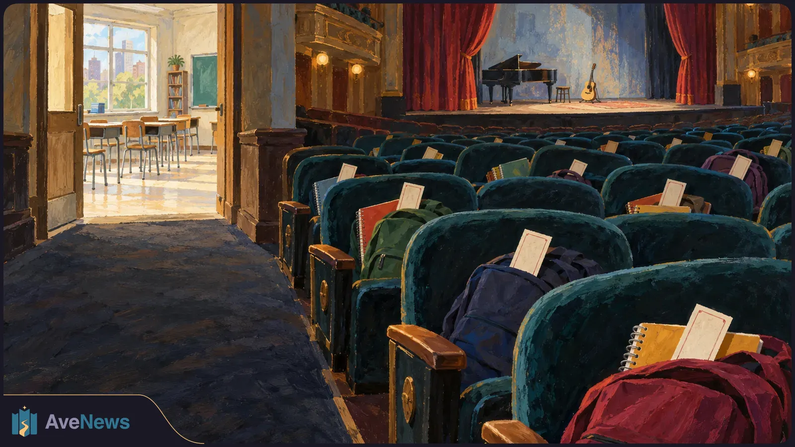 Painted theater with backpacks and ticket-like cards on rows of seats, a piano and guitar onstage, and an open doorway to a classroom. SI illustration