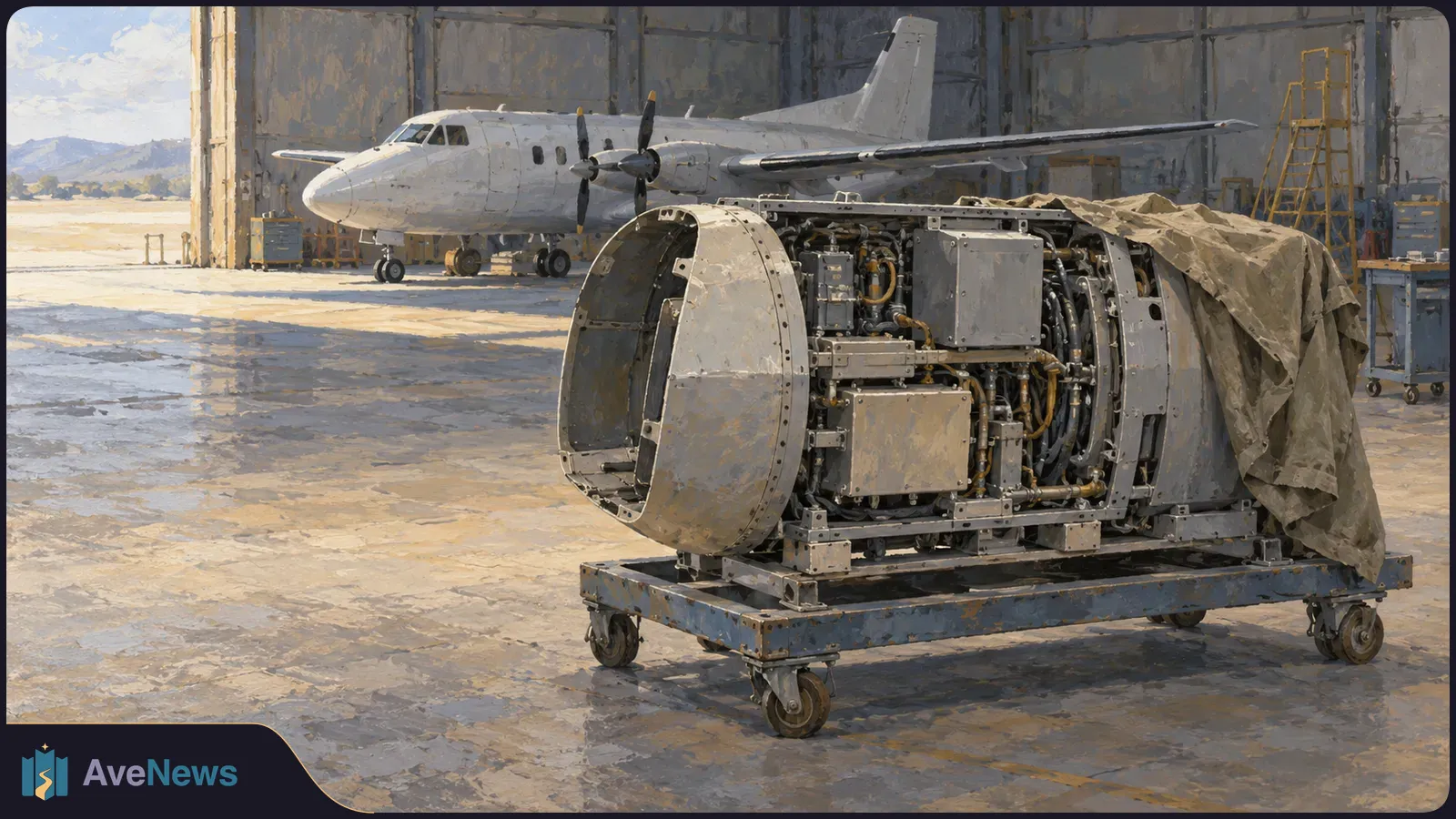 Painted scene of a large exposed aircraft engine on a wheeled platform in a hangar, with a white twin-propeller plane behind it. SI illustration