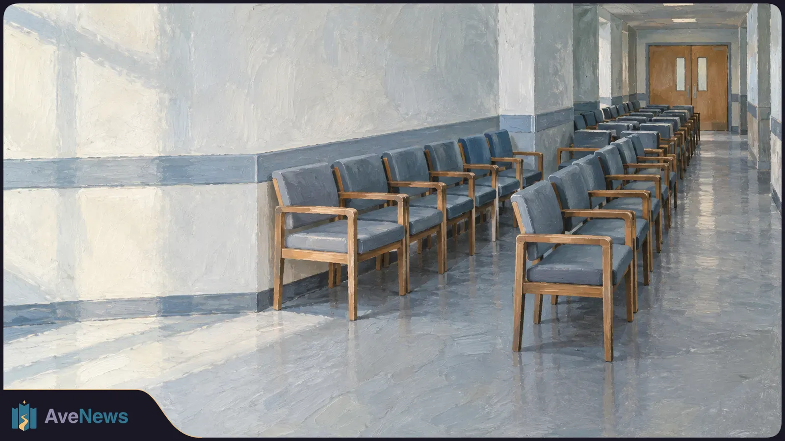 Painted view of an empty corridor with rows of blue-gray waiting chairs, a glossy floor and double wooden doors at the far end. SI illustration
