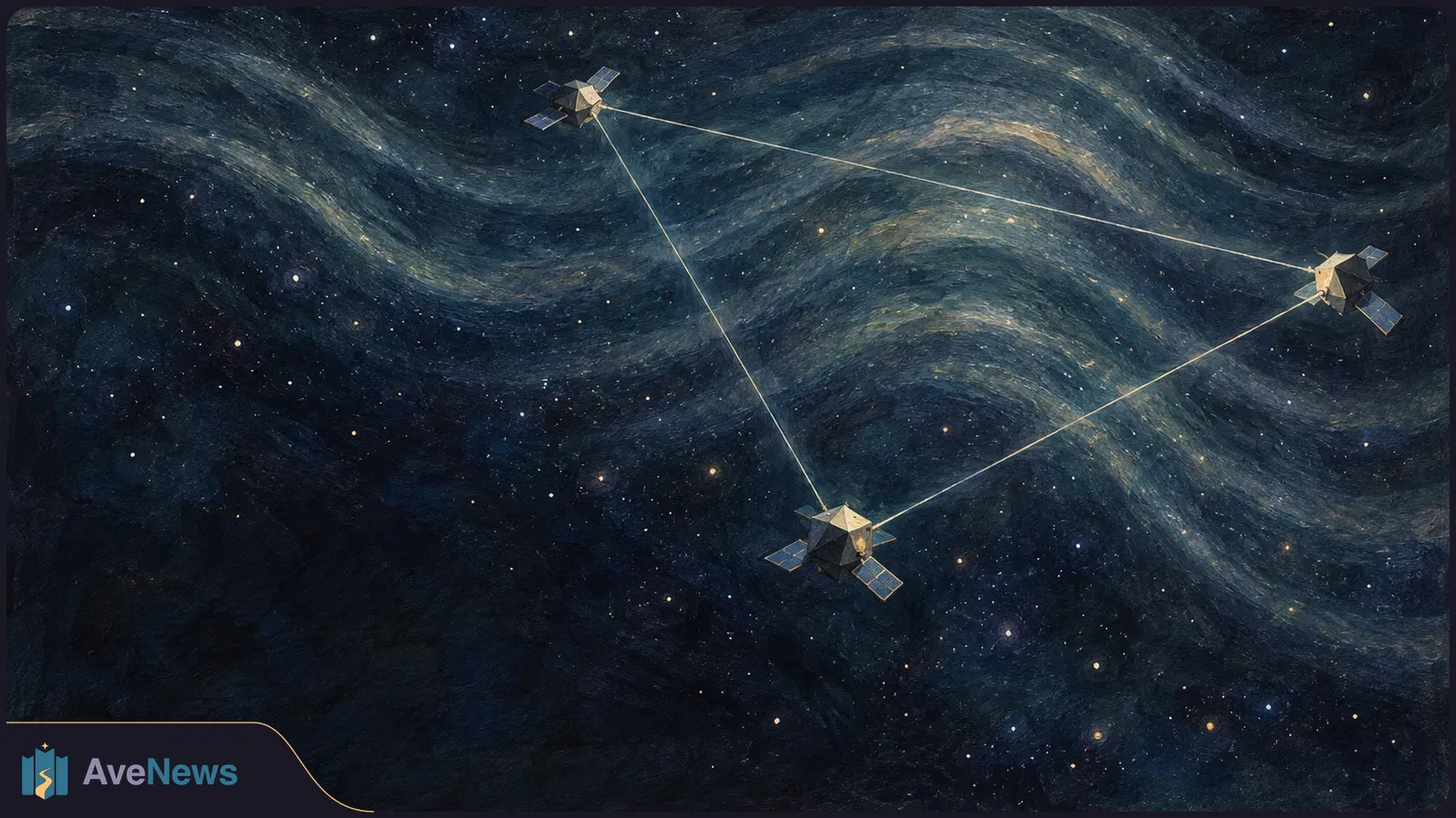 Painted illustration of three solar-panel spacecraft linked by thin lines in a triangle against a dark, star-filled sky with broad wave-like swirls. SI illustration