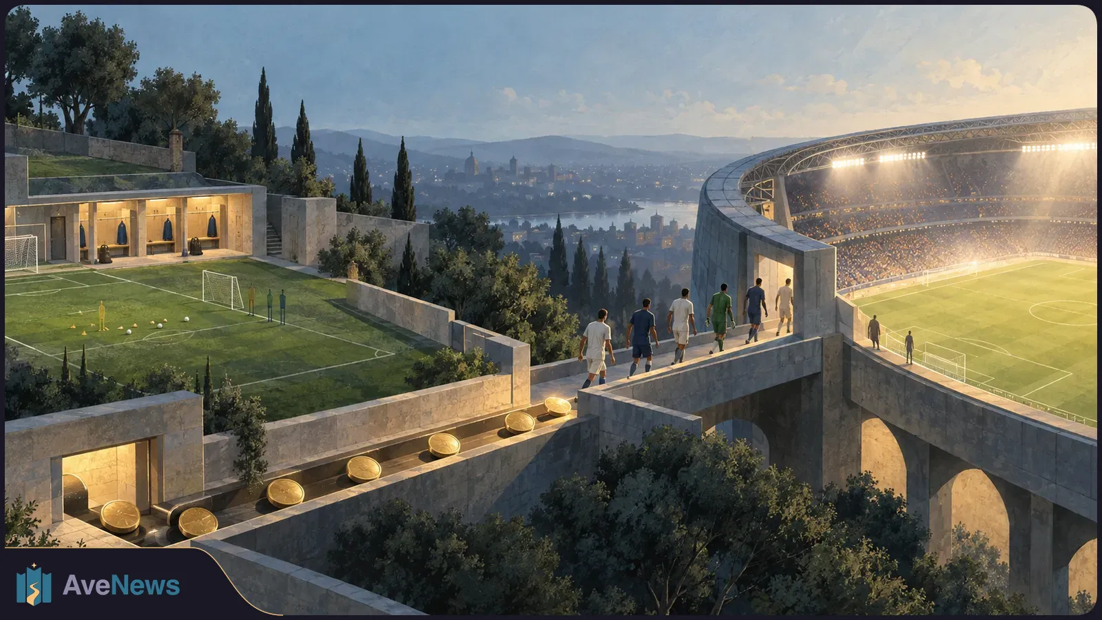 At dusk, footballers walk along an elevated stone path toward a floodlit stadium. A practice pitch is on the left, and gold discs line a lower walkway. SI illustration