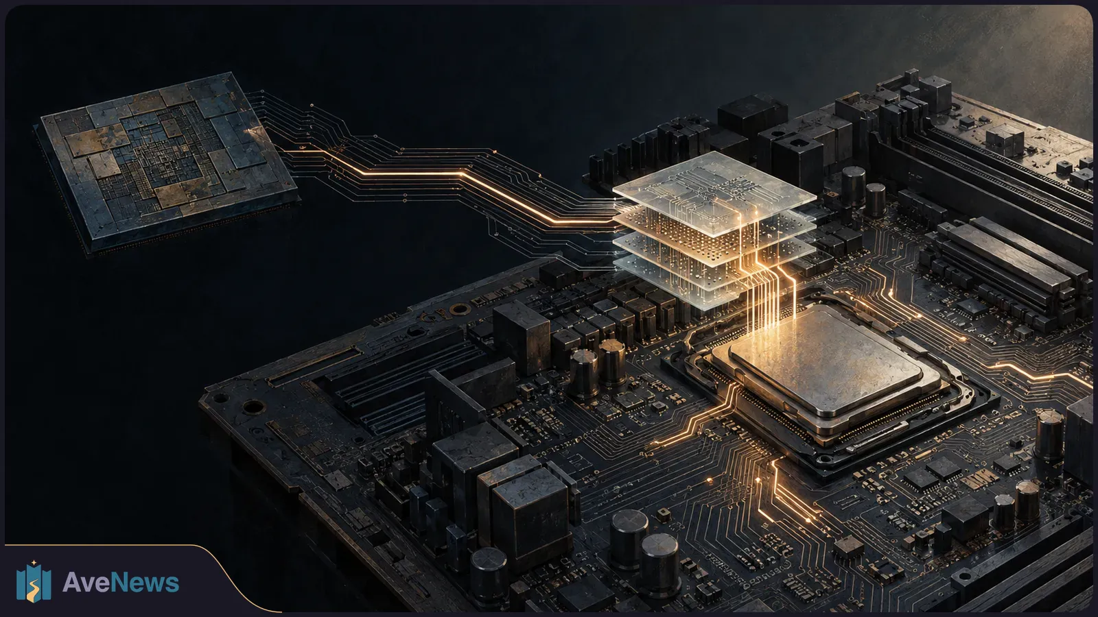 A processor on a dark motherboard connects by glowing circuit traces to a separate chip, with transparent circuit layers hovering above it. SI illustration