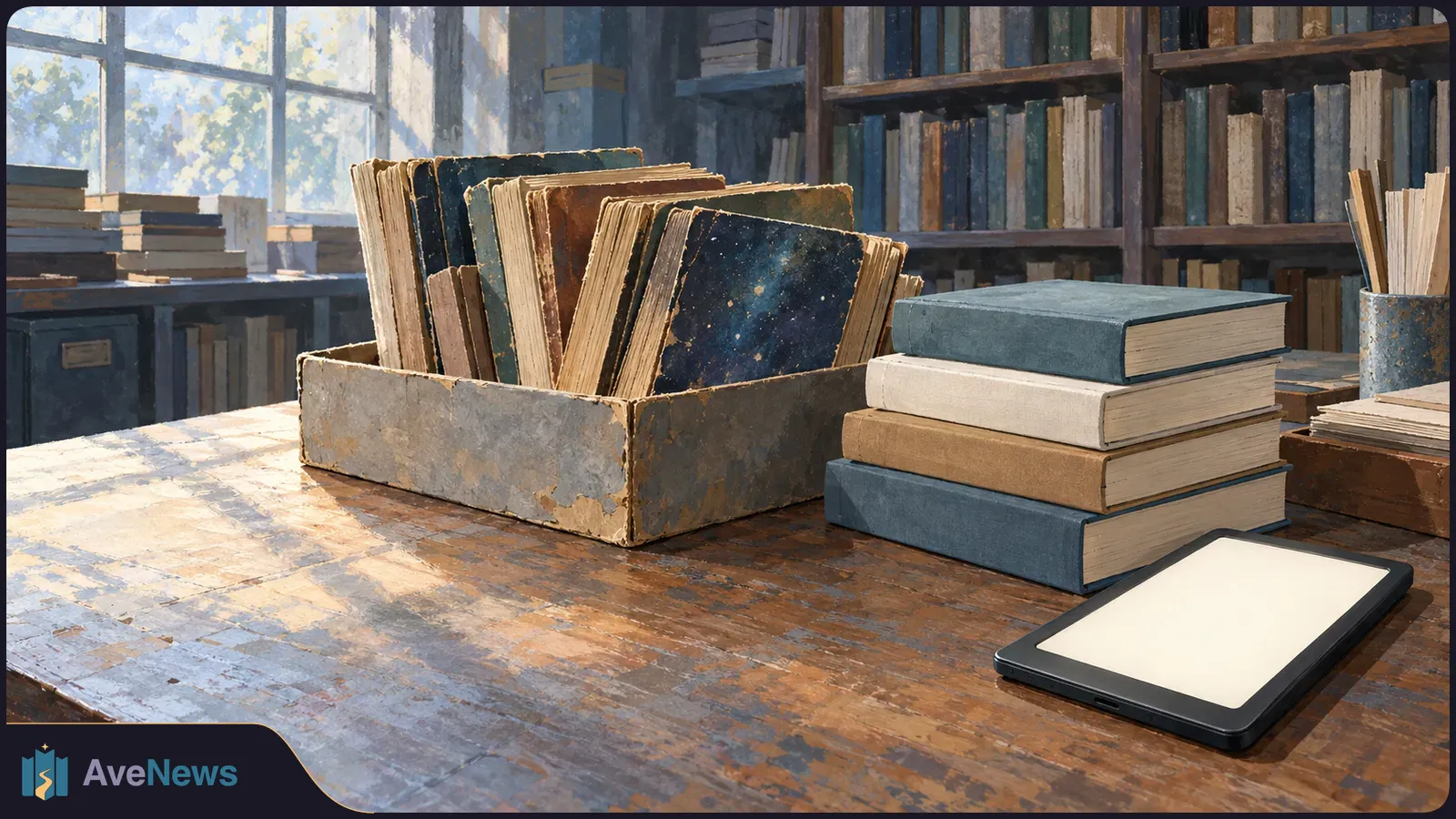 An illustrated library desk holds a box of worn books, a stack of newer books and a blank-screen e-reader. Bookshelves and a sunlit window are behind them. SI illustration