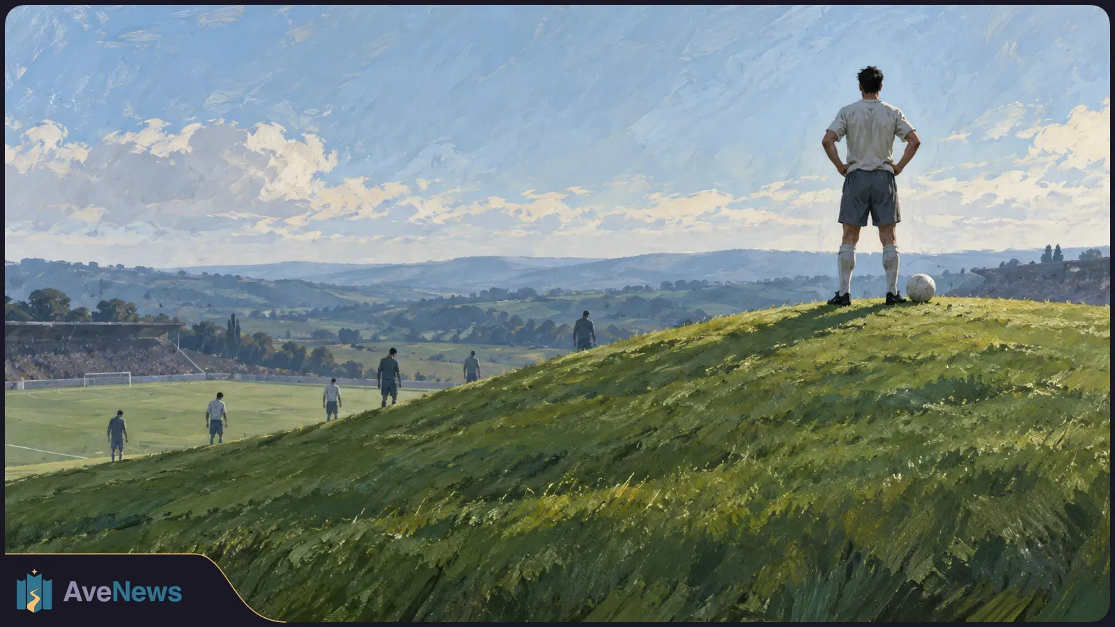 Painted football scene: a player stands beside a ball on a grassy rise, with other players near a pitch and stands below, and hills under a cloudy sky. SI illustration