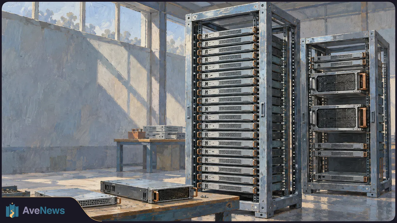 Painterly illustration of two server racks in a sunlit room, with loose rackmount units and a screwdriver on a workbench in front. SI illustration