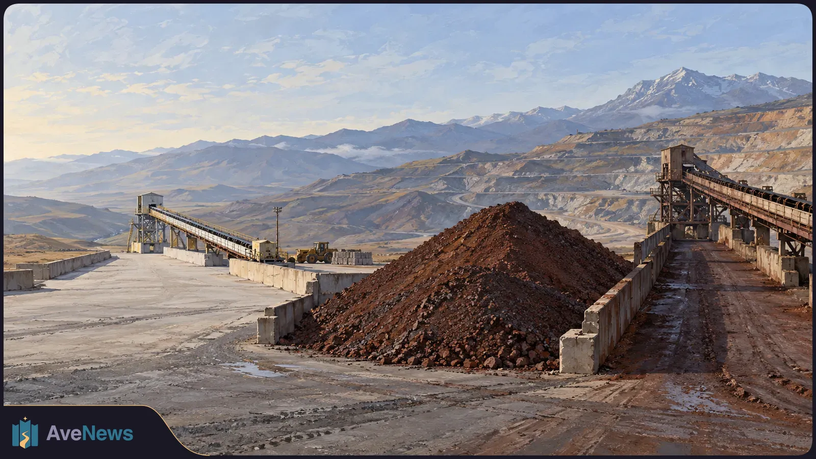 A large pile of reddish rock sits between conveyor belts at an open-pit mine, with terraced slopes and snowy mountains in the background. SI illustration