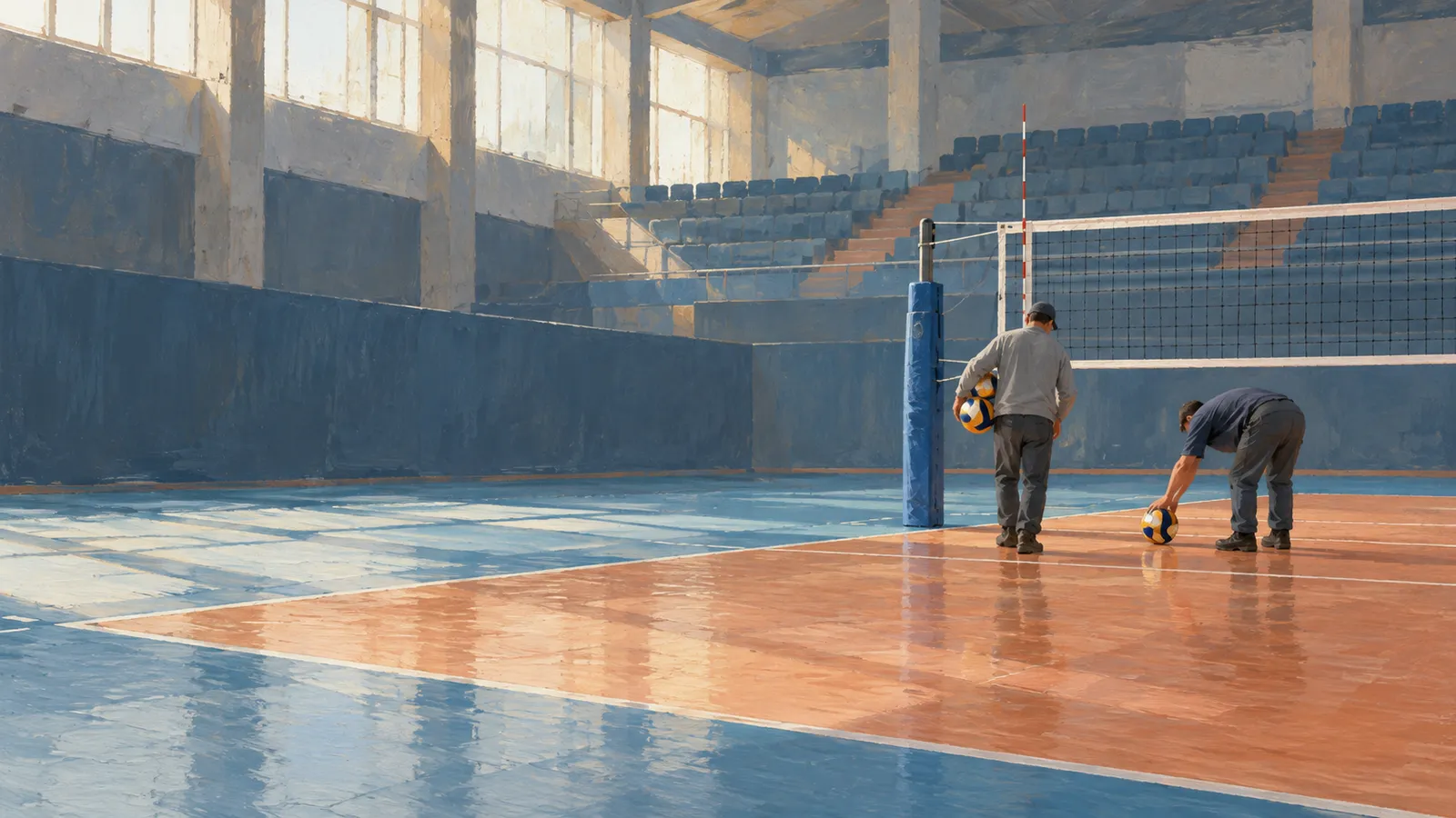 Two men with volleyballs stand beside a net on a sunlit indoor court, with empty blue seats behind them. SI illustration