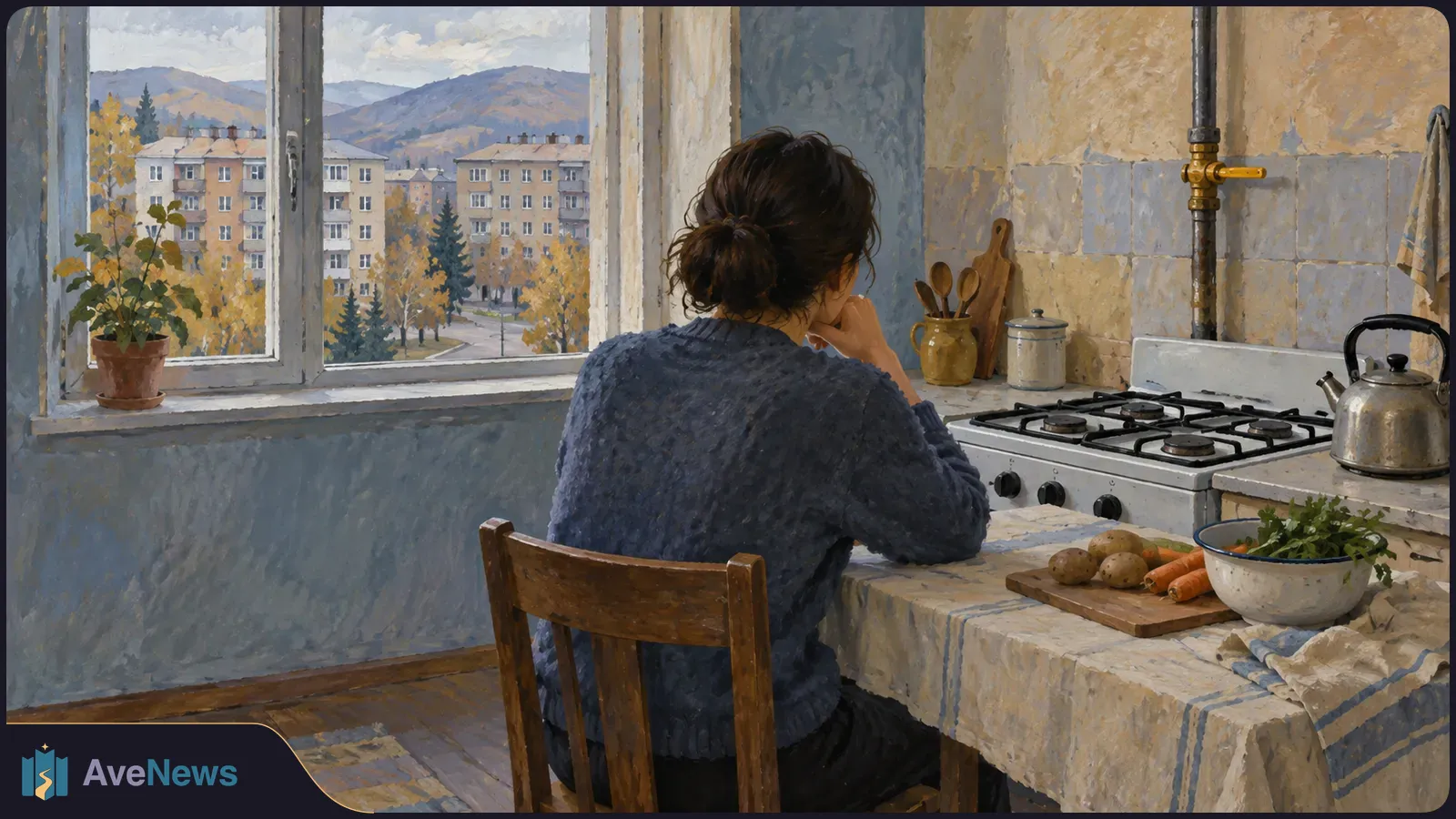 Painted kitchen scene: a woman sits at a table beside a gas stove and kettle. Vegetables lie on the table, and apartment buildings are visible through the window. SI illustration