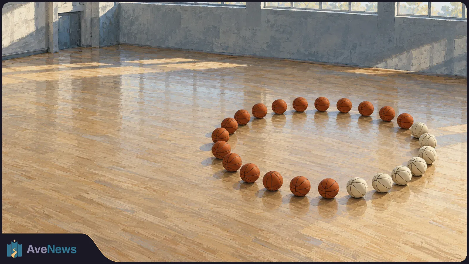 Orange and pale basketballs form a ring on the wooden floor of a sunlit gym. SI illustration