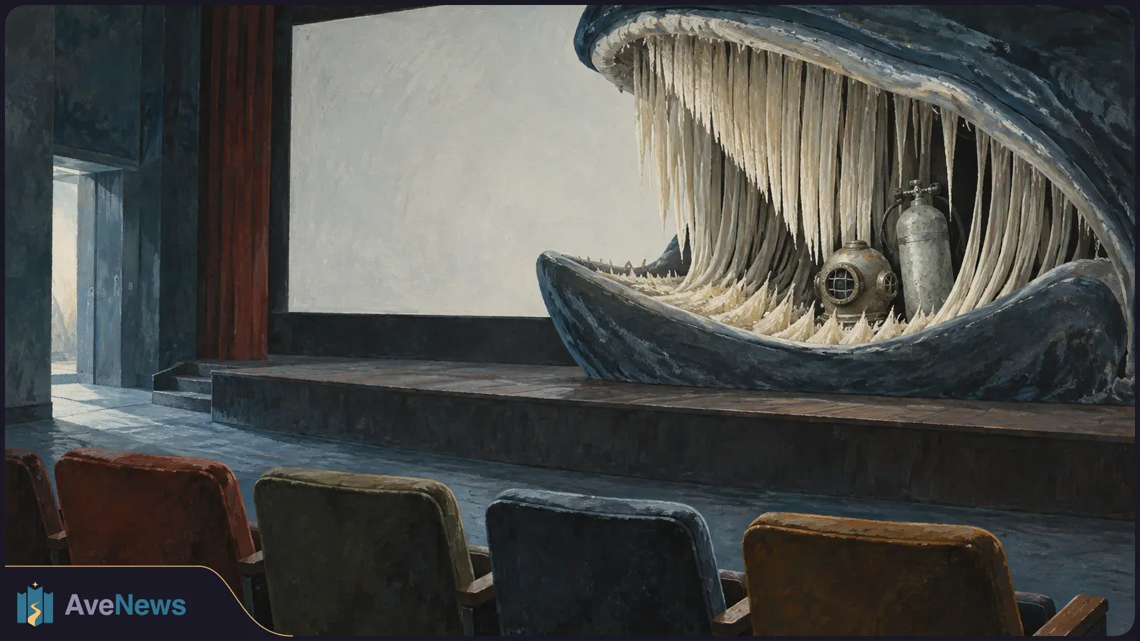Painted cinema interior with empty seats facing a stage where a giant whale’s open mouth surrounds an old diving helmet and air tank. SI illustration