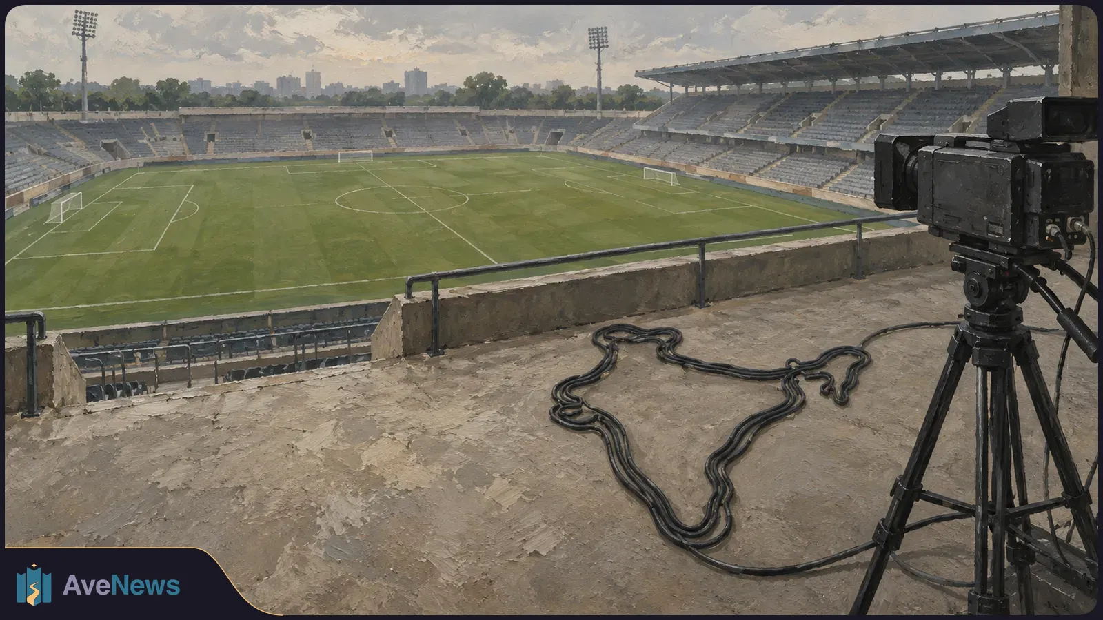 A painted view of an empty football stadium, with a broadcast camera on a tripod and its cable arranged in a map-like outline on the terrace. SI illustration