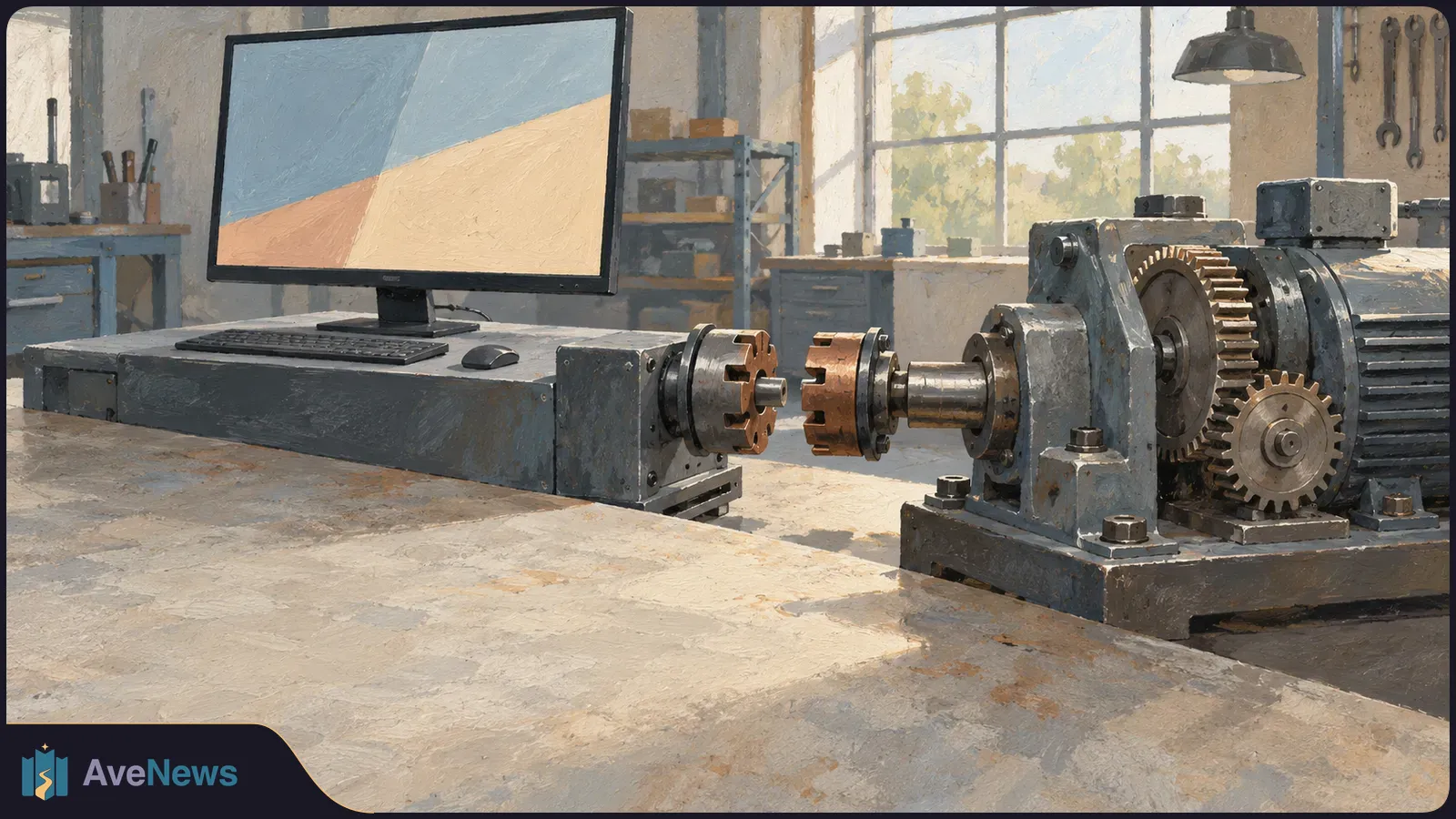 Painterly workshop scene with a monitor showing blue and beige color fields beside two industrial machines whose shaft couplings face each other across a small gap. SI illustration
