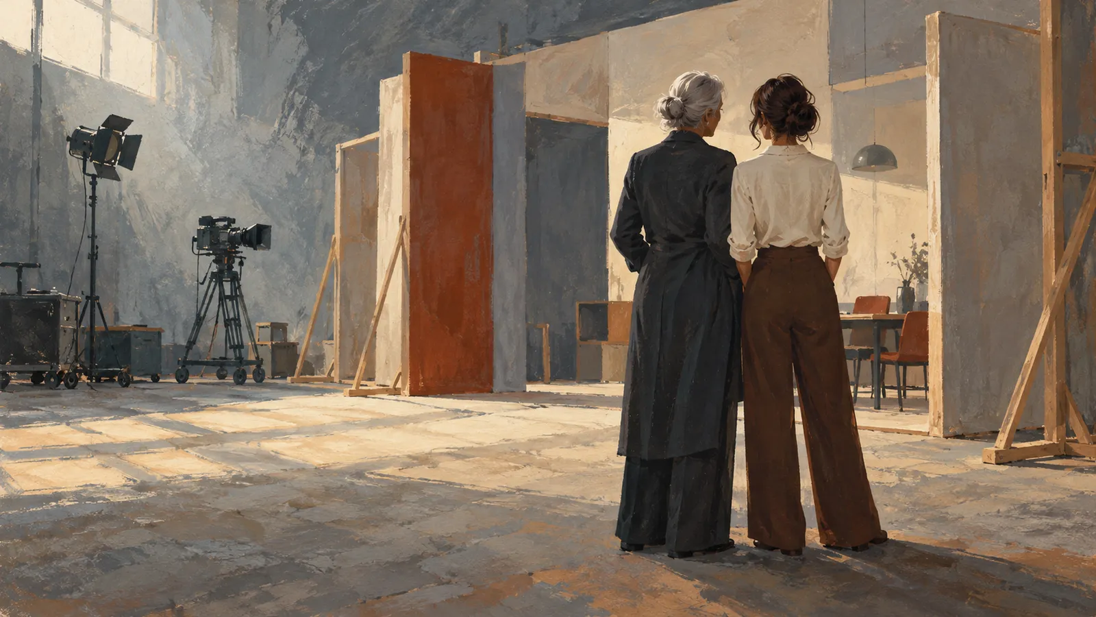 Two women seen from behind stand on a sunlit film set, facing a room interior; a camera and studio light stand to the left. SI illustration
