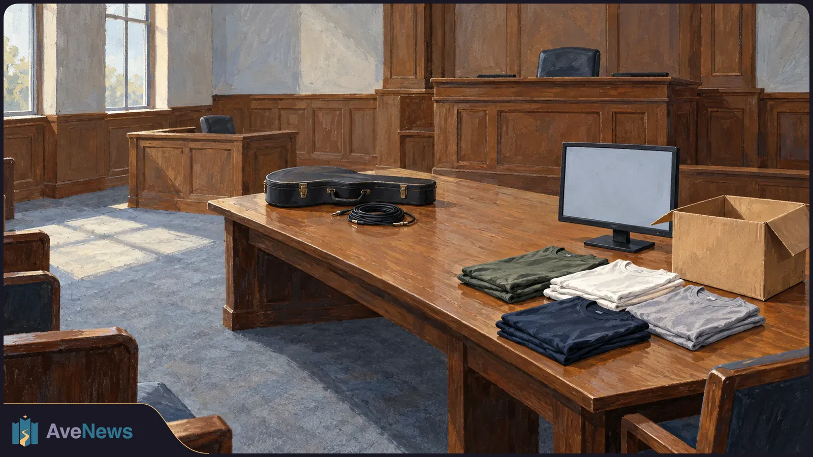 Painted empty courtroom with folded shirts, a black case, coiled cable, blank monitor and open cardboard box on a wooden table. SI illustration