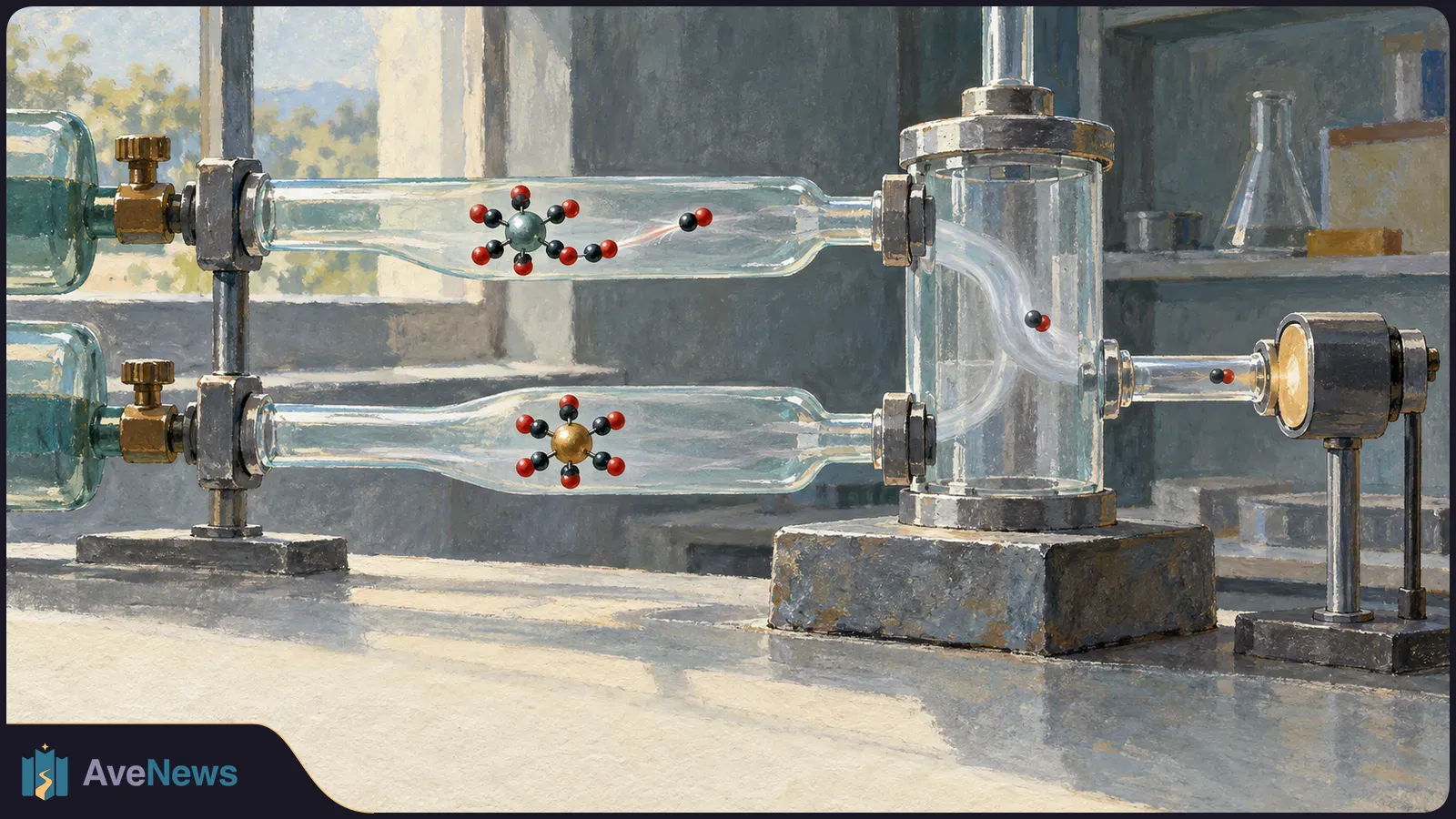 Painted lab apparatus with two glass tubes holding ball-and-stick molecular models. A small red-and-black pair floats apart in the upper tube beside a glass chamber. SI illustration