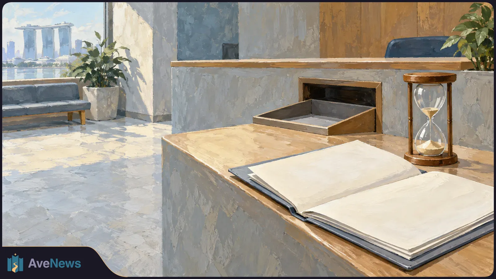 Painted reception area with an open blank book, an hourglass and an empty tray on a counter; seating, plants and Singapore’s waterfront skyline appear beyond. SI illustration
