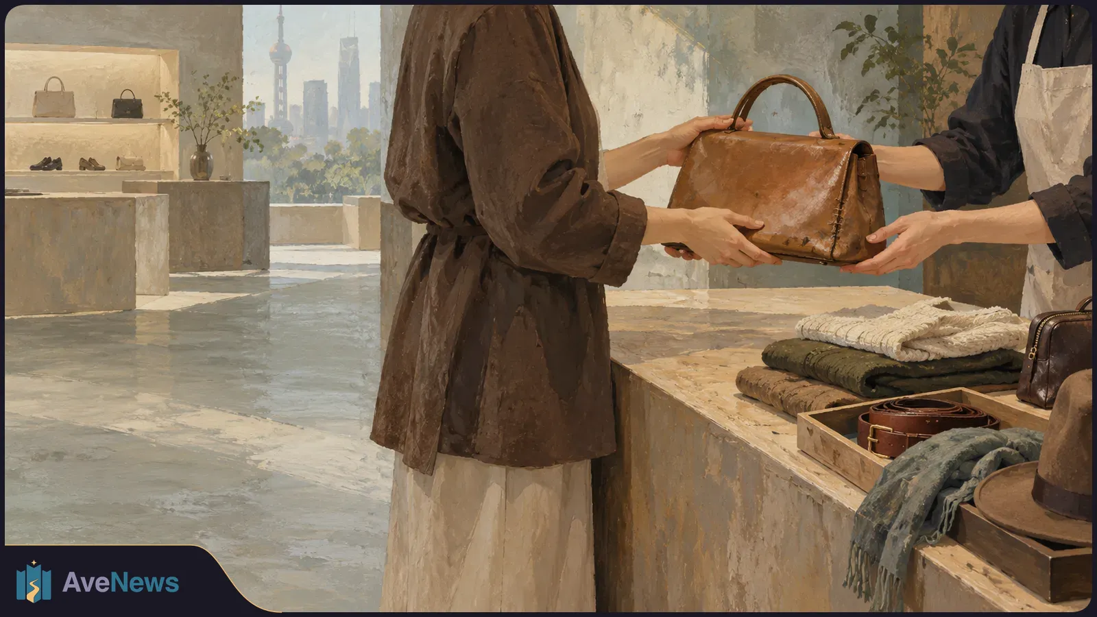 A painted boutique scene shows two people exchanging a brown handbag across a counter, with folded clothes, accessories and a city skyline in view. SI illustration