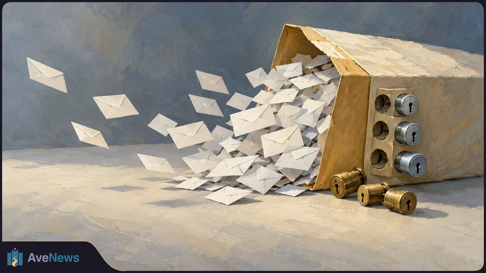 Painted illustration of white envelopes spilling and floating from an open cardboard box fitted with keyholes; three lock cylinders lie beside it. SI illustration