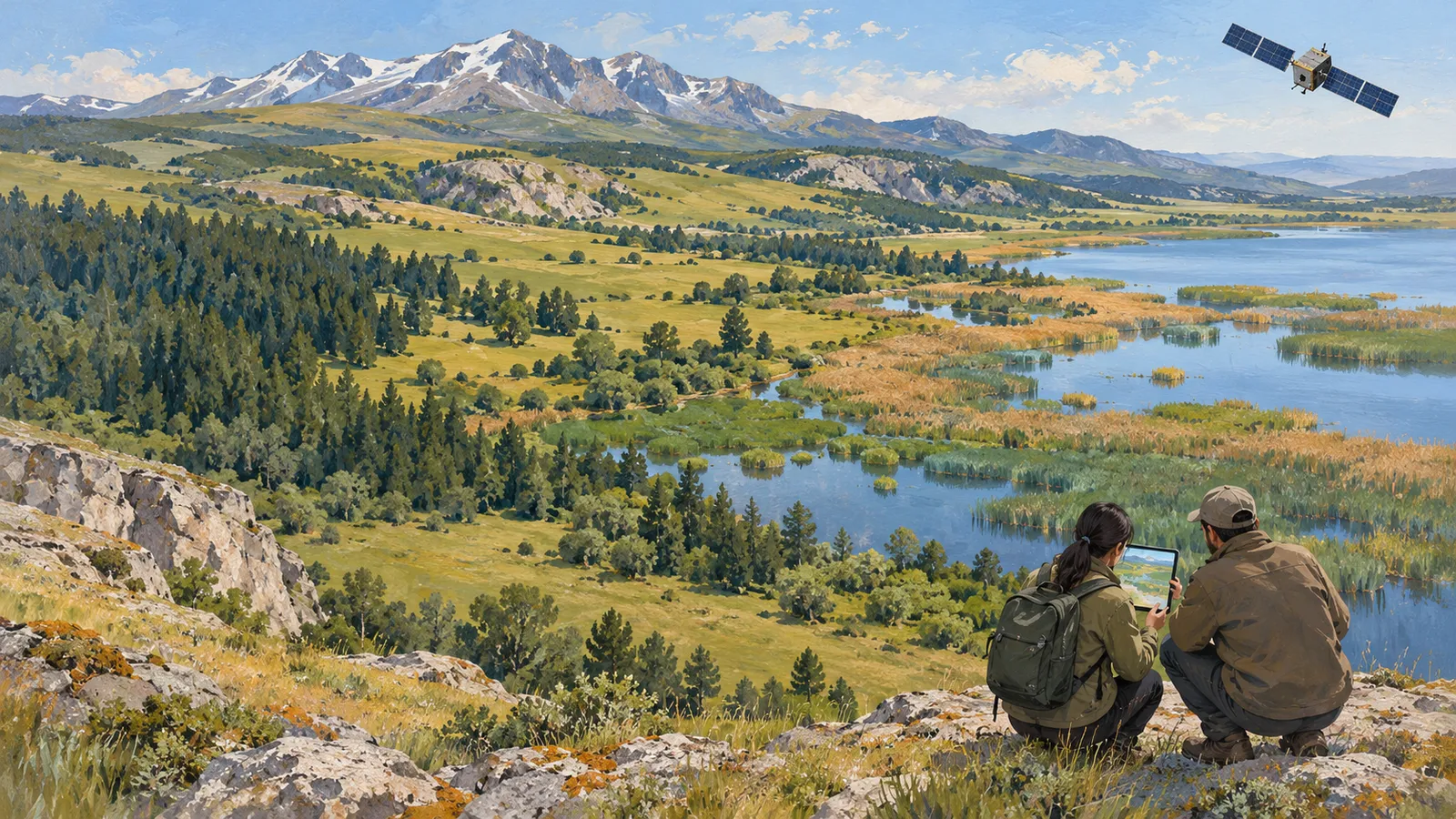 Two people look at a tablet from a rocky overlook above a lake, wetlands and forest, with snowy mountains beyond and a satellite in the sky. SI illustration