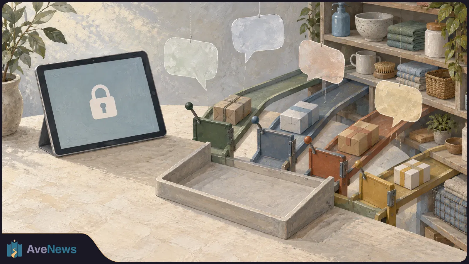 Painted shop scene with a tablet showing a padlock, four lanes carrying parcels, and empty speech bubbles hanging above them. SI illustration