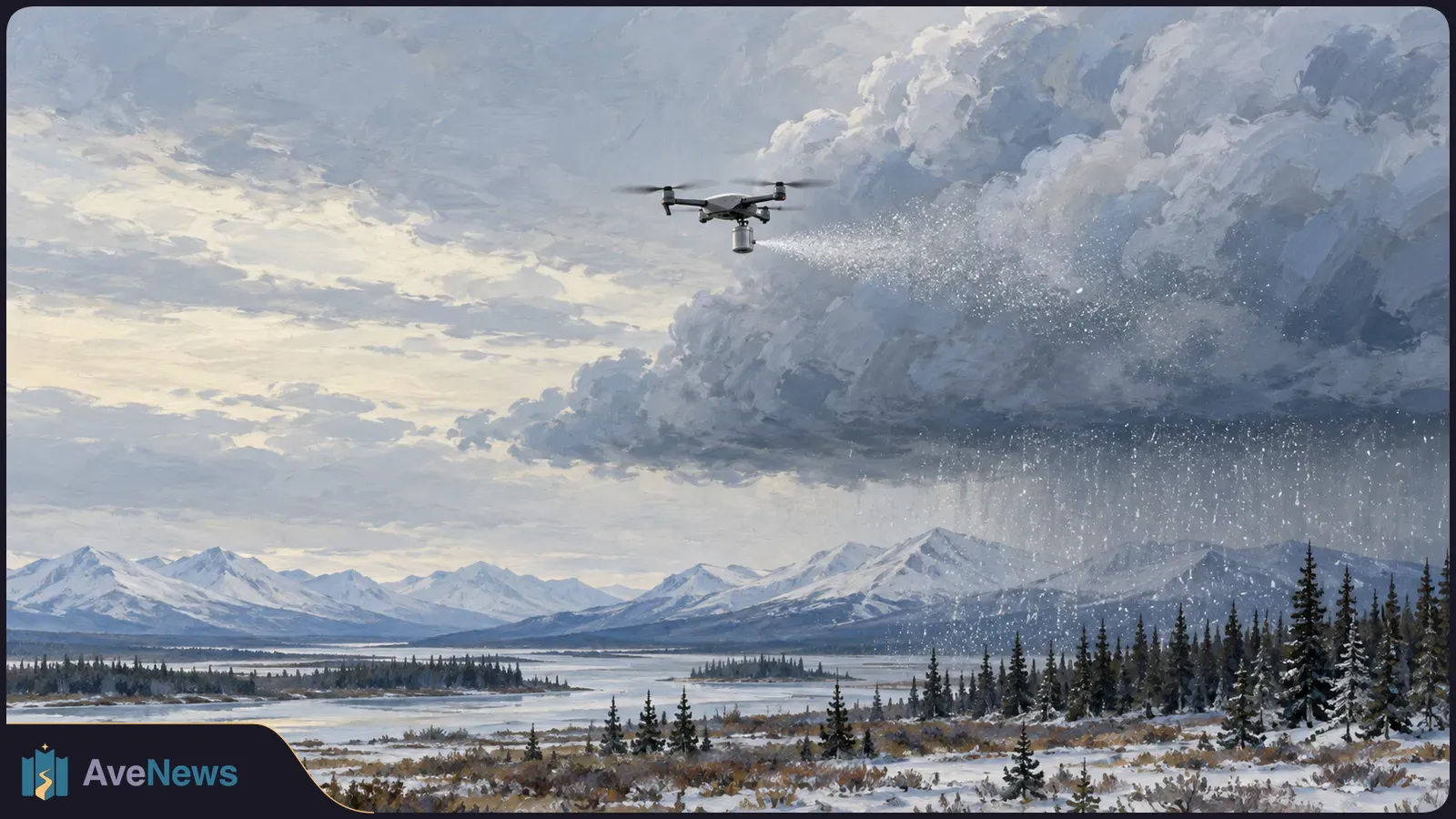 A painted drone releases a fine spray beside dark clouds above a snowy mountain valley and evergreen forest. SI illustration