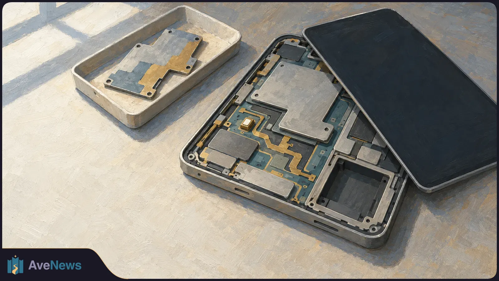 Illustration of an opened smartphone showing its circuit board, with a dark screen resting over it and a metal plate in a tray beside it. SI illustration