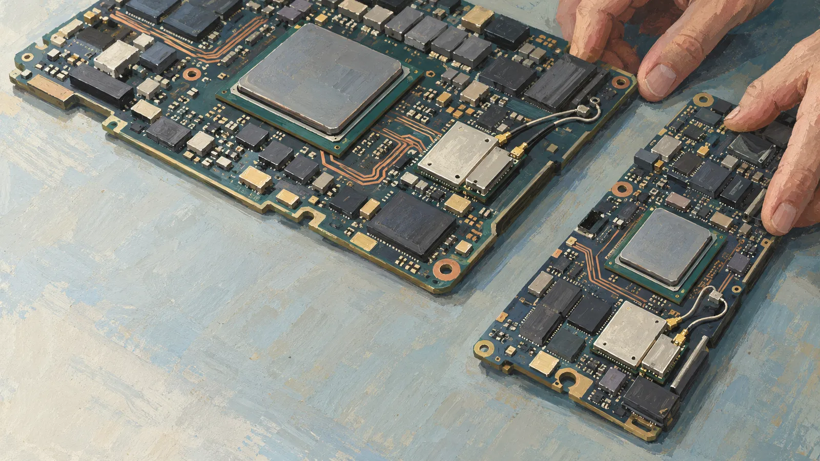 A painted illustration of two circuit boards of different sizes, each with a large silver chip, as hands touch their edges. SI illustration