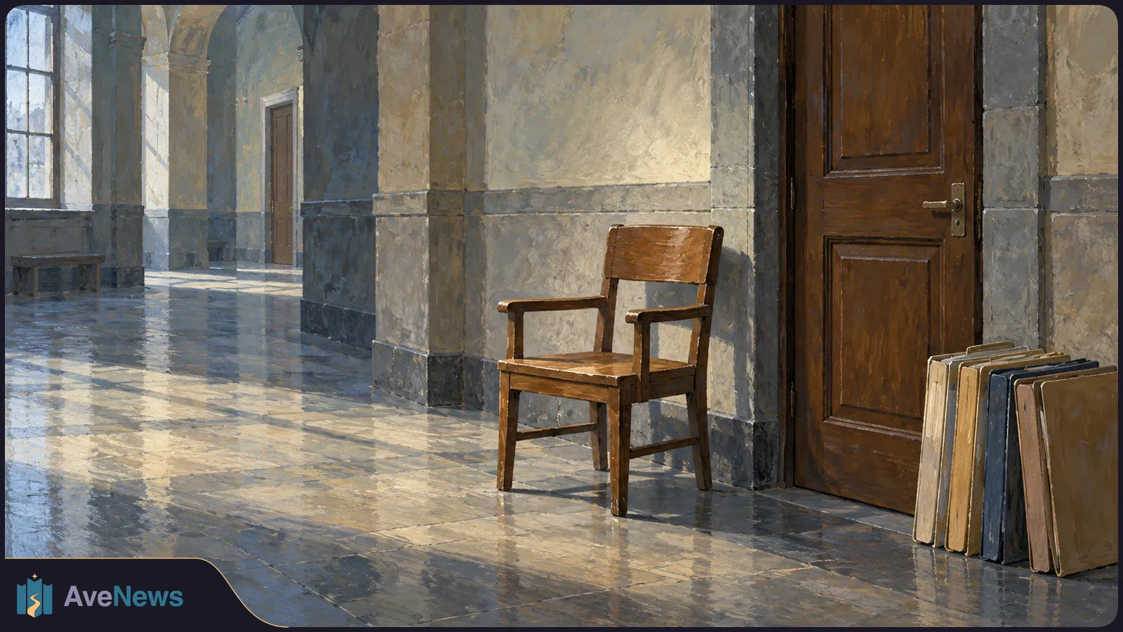 Painted sunlit corridor with stone arches, an empty wooden chair beside a closed door, and folders leaning against the wall. SI illustration