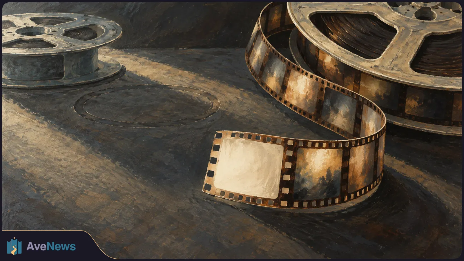 Painterly illustration of two film reels on a dark surface, with a strip of film curling from the reel at right into the foreground. SI illustration