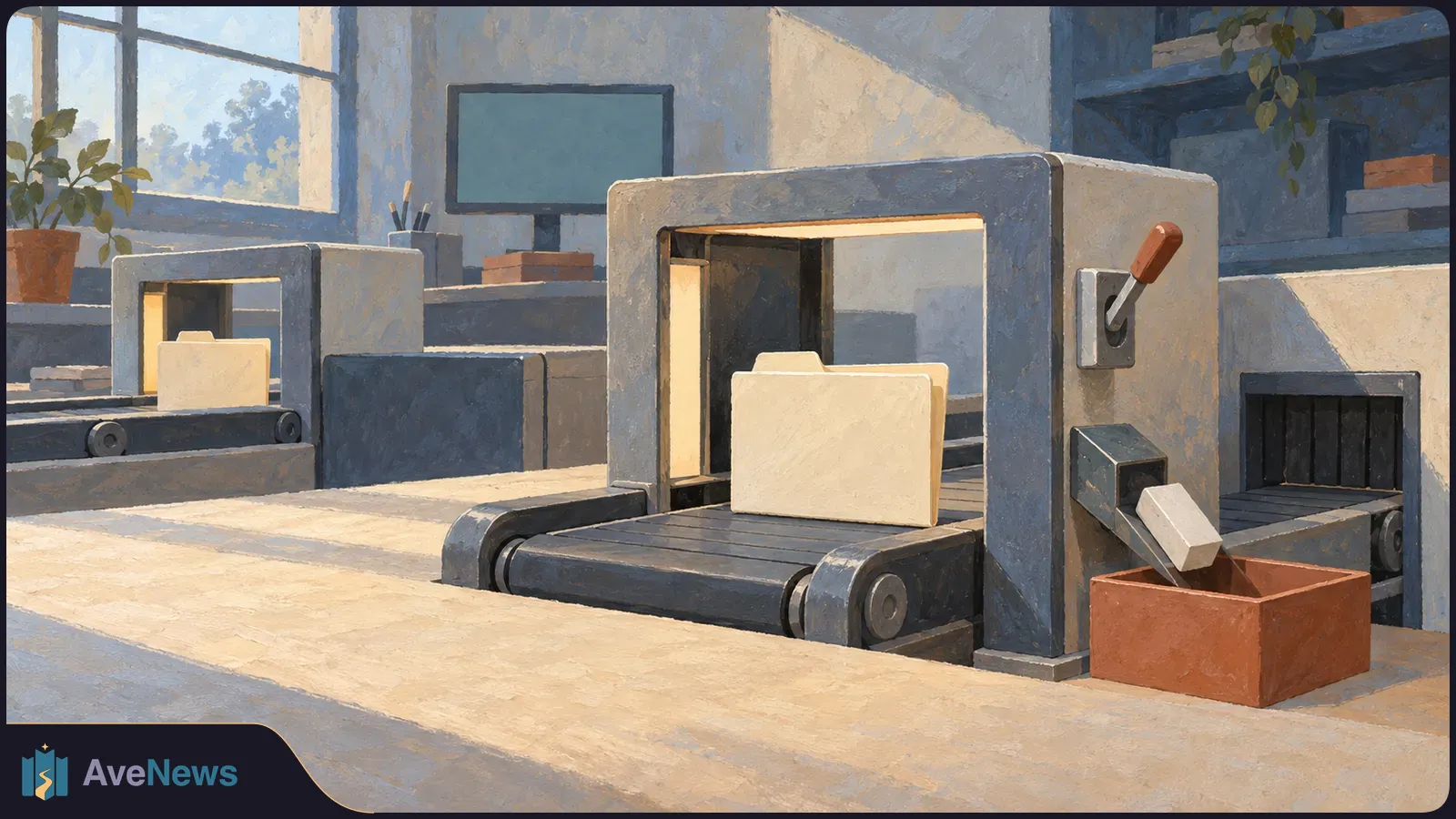 Painterly illustration of blank folders on conveyor belts passing through two scanners. A lever, a white block and a terracotta bin sit beside the larger scanner; a blank monitor is behind them. SI illustration
