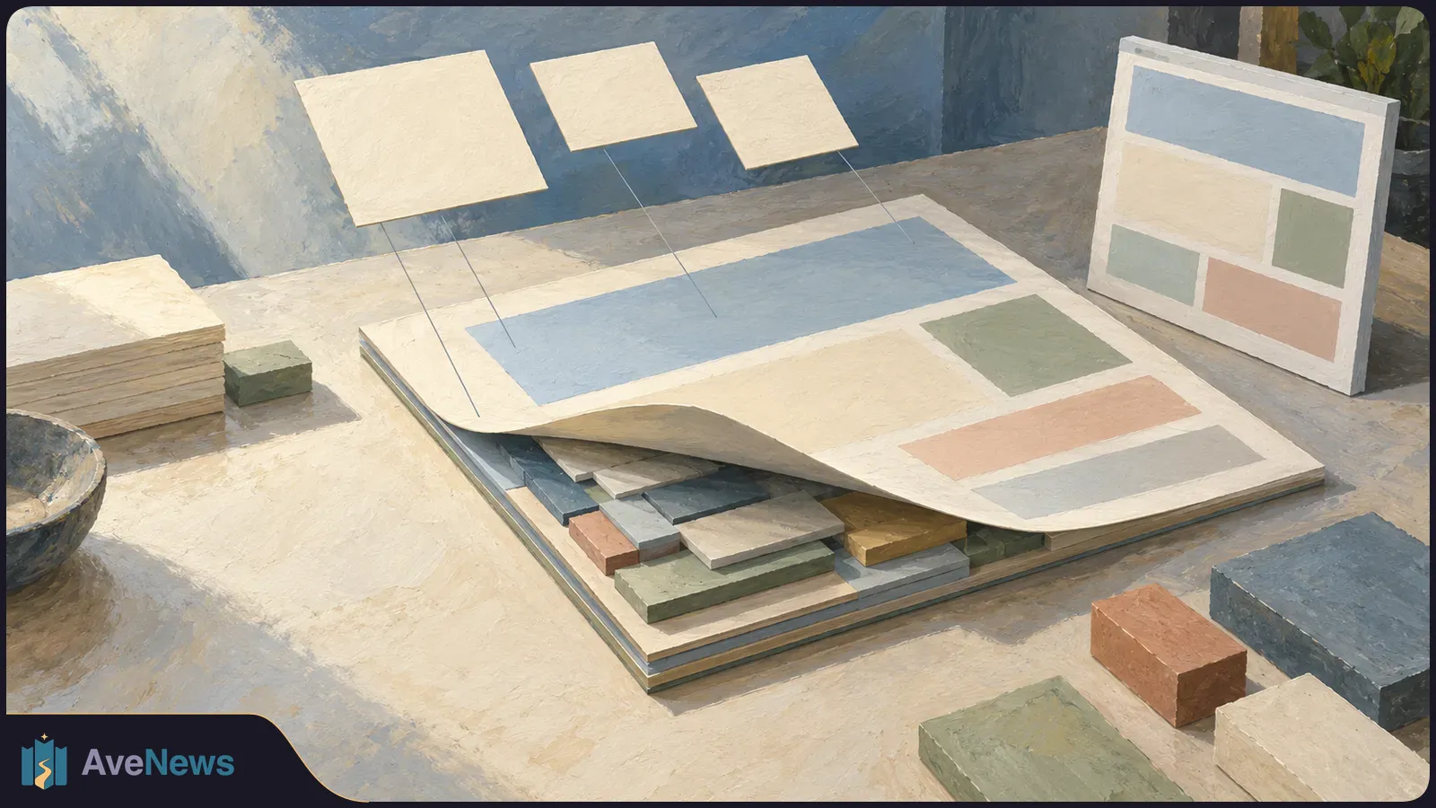 Painterly illustration of a design layout on a table: blank cards hover above a sheet of muted color blocks, with stacks of colored samples beneath and beside it. SI illustration
