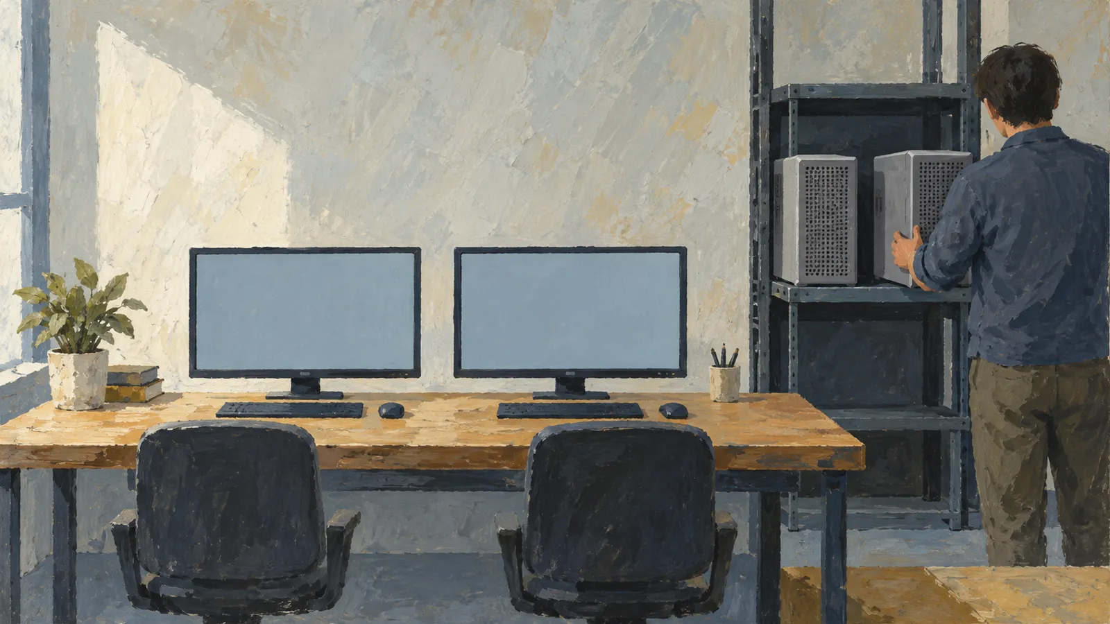 A painted office scene with two blank monitors and chairs at a desk; a person faces a shelf holding two computer towers. SI illustration