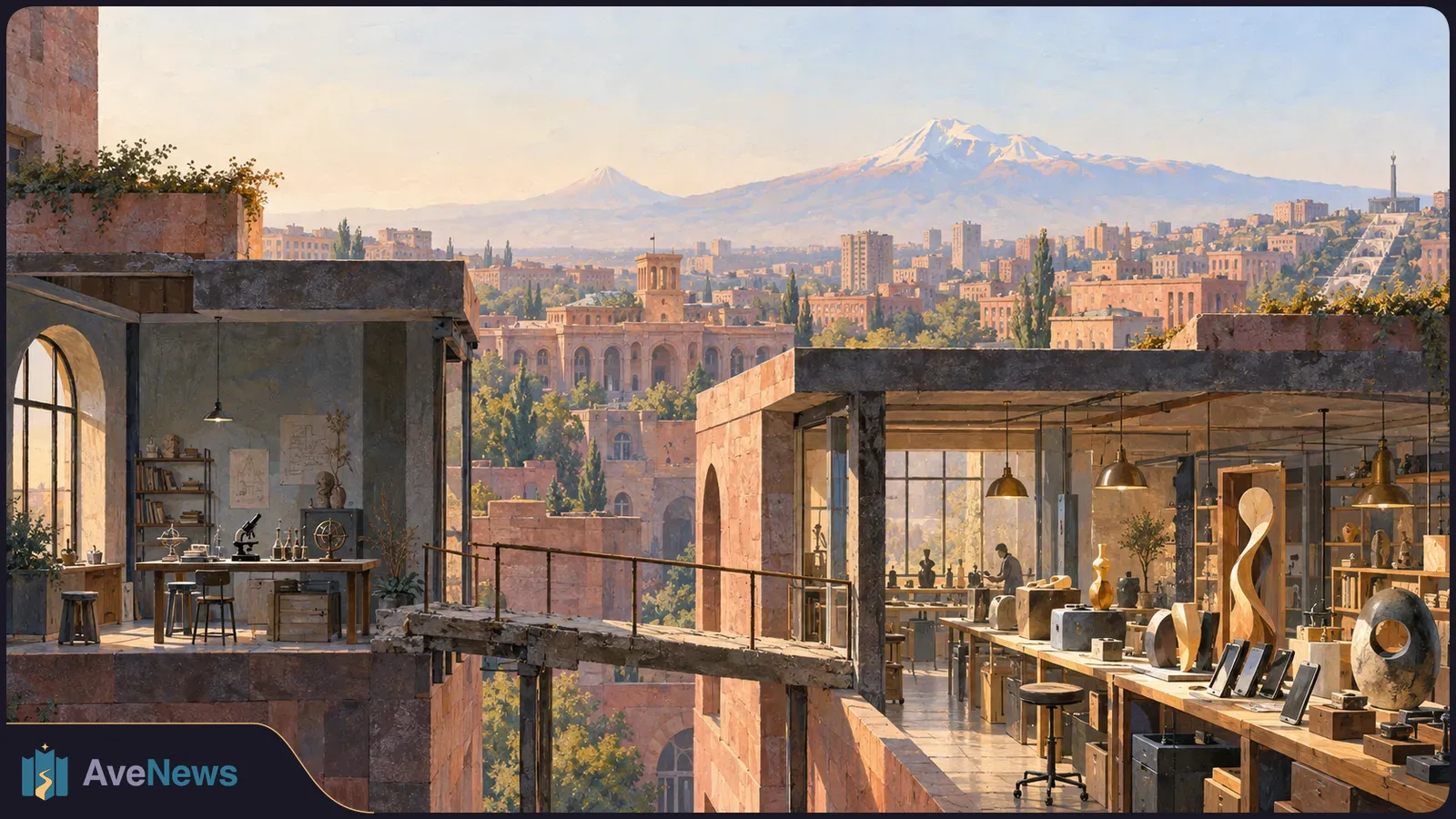 Sunlit rooftop workshops with sculptures, tools and a microscope overlook a city beneath snowcapped mountains. SI illustration